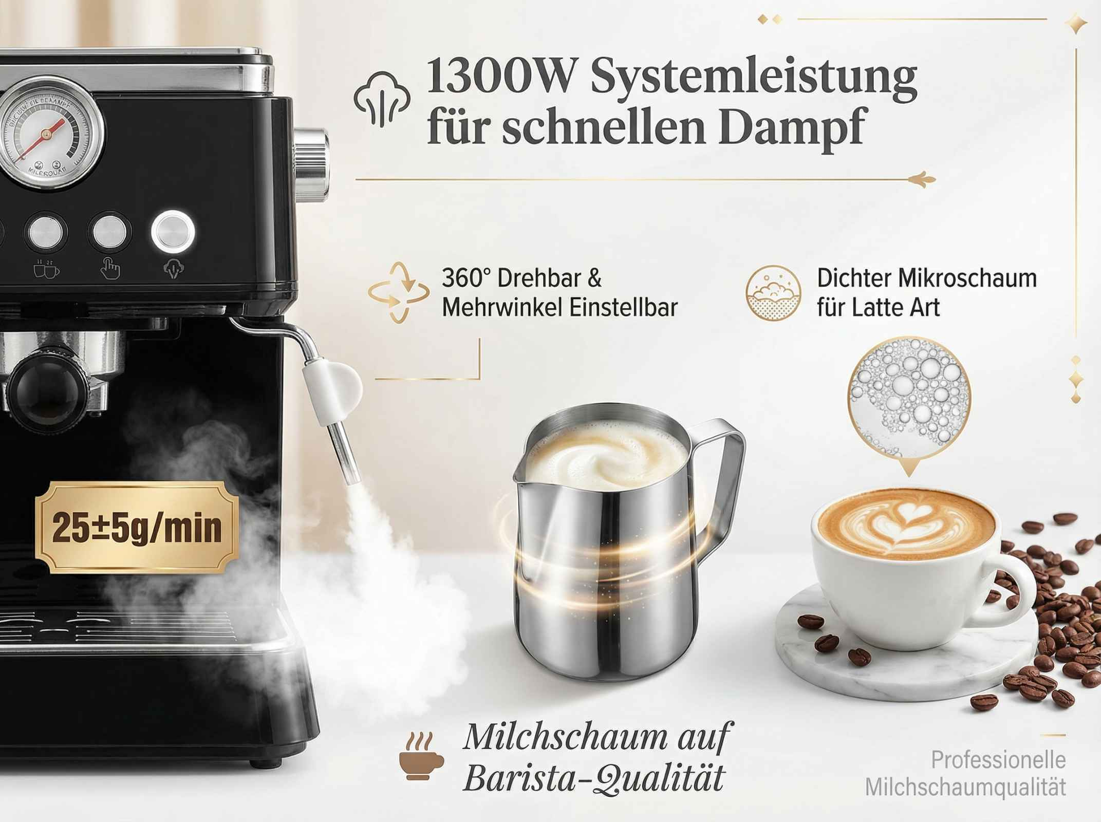 Espressomaschine mit Dampf, Milchkaraffe und Latte Art Kaffee.