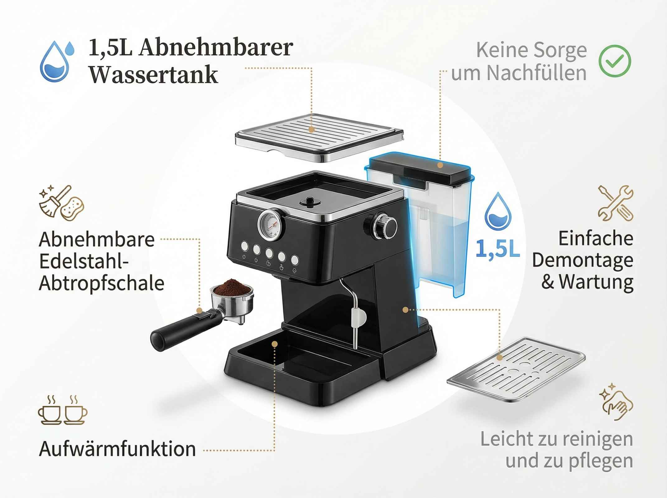 Kaffeemaschine mit abnehmbarem 1,5L Wassertank, Abtropfschale und Aufwärmfunktion.
