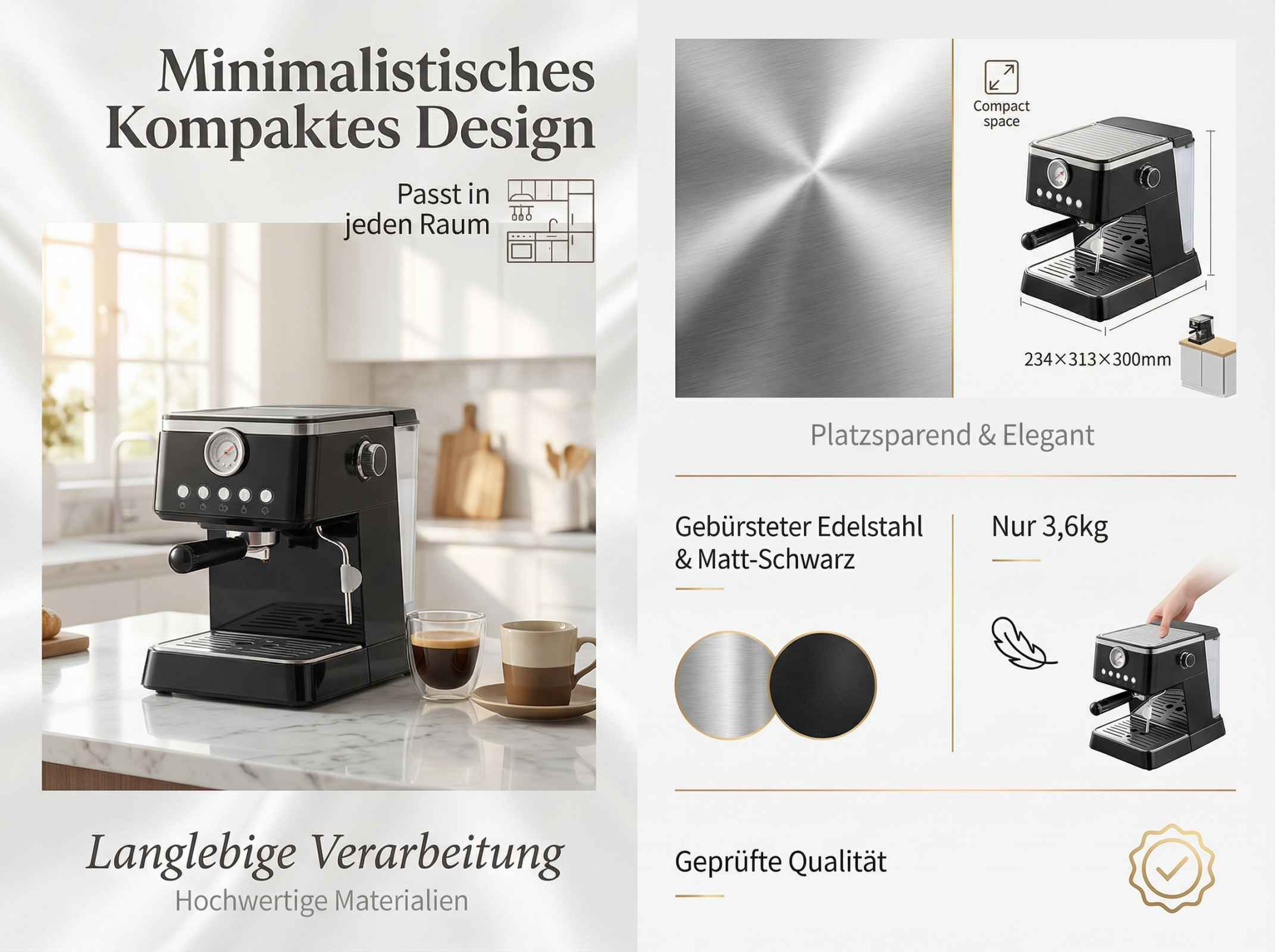Kompakte schwarze Espressomaschine mit Messingdetails, daneben zwei Tassen Kaffee.