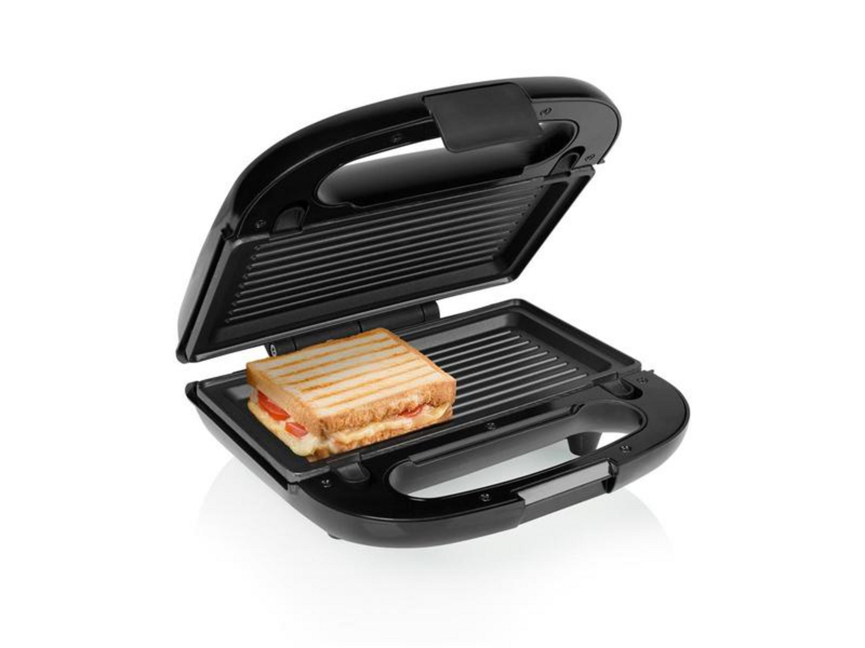 Un sandwich maker aperto con un sandwich all'interno.