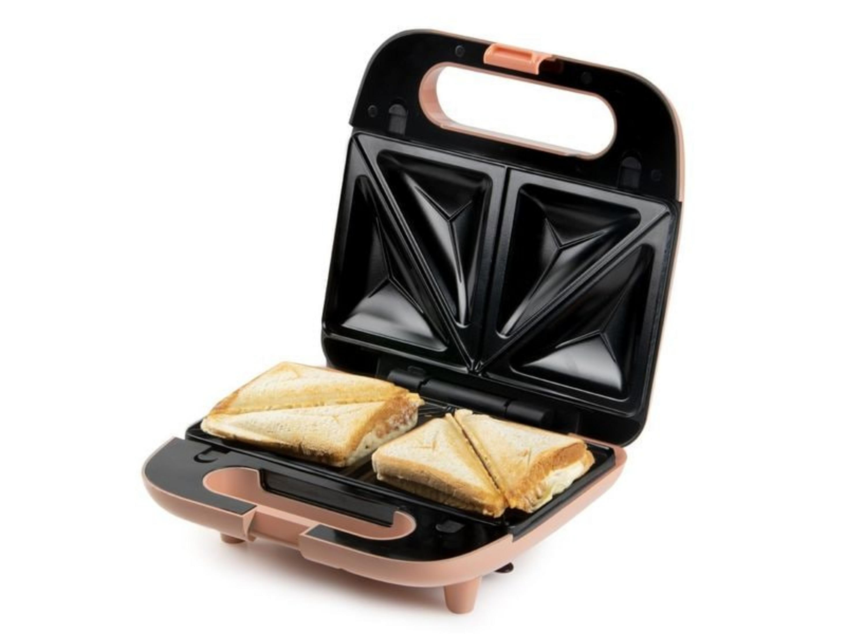 Un sandwich maker aperto con due panini pronti all'interno.