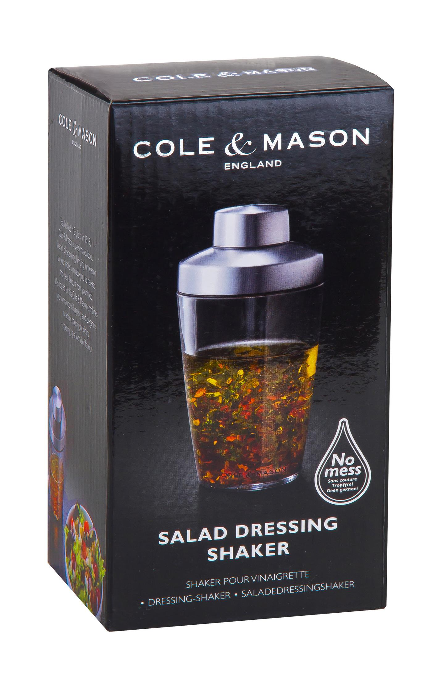 Cole & Mason Salatdressing-Shaker mit silbernem Deckel und Glasbehälter mit Dressing.