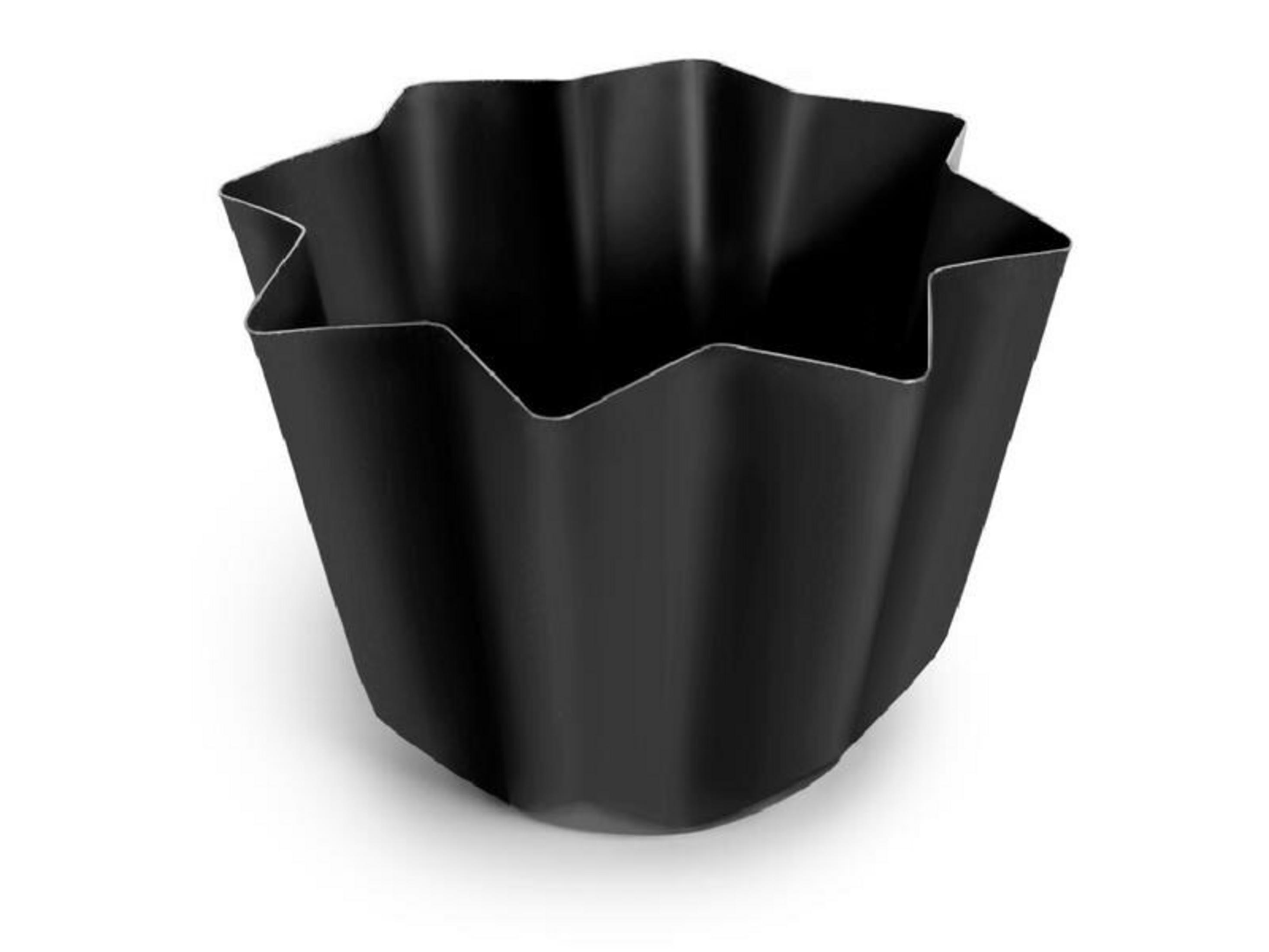 Eine schwarze, sternförmige Kuchenform steht auf weißem Hintergrund.
