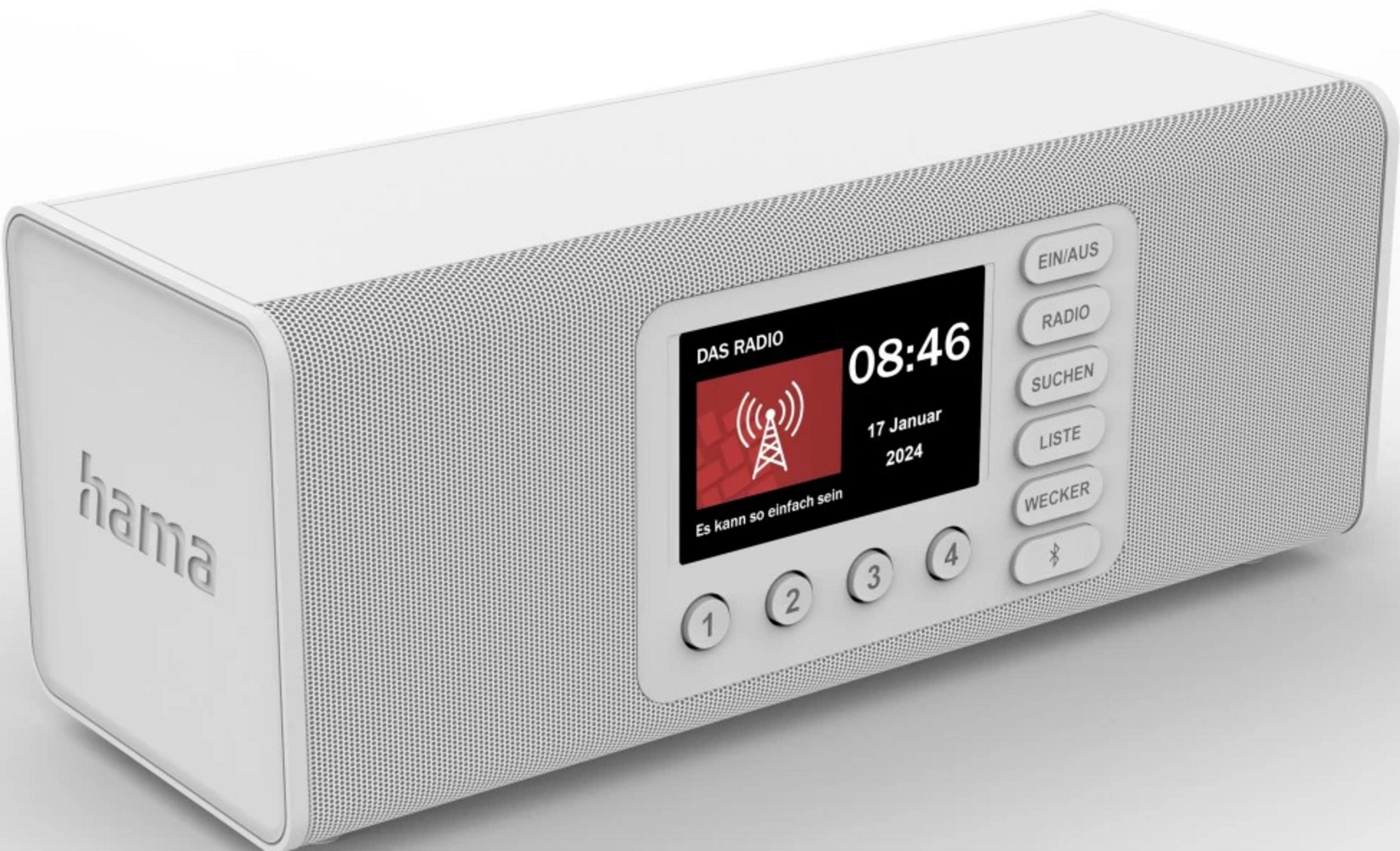 Una radio digitale Hama bianca con display mostra le 08:46 e la data.