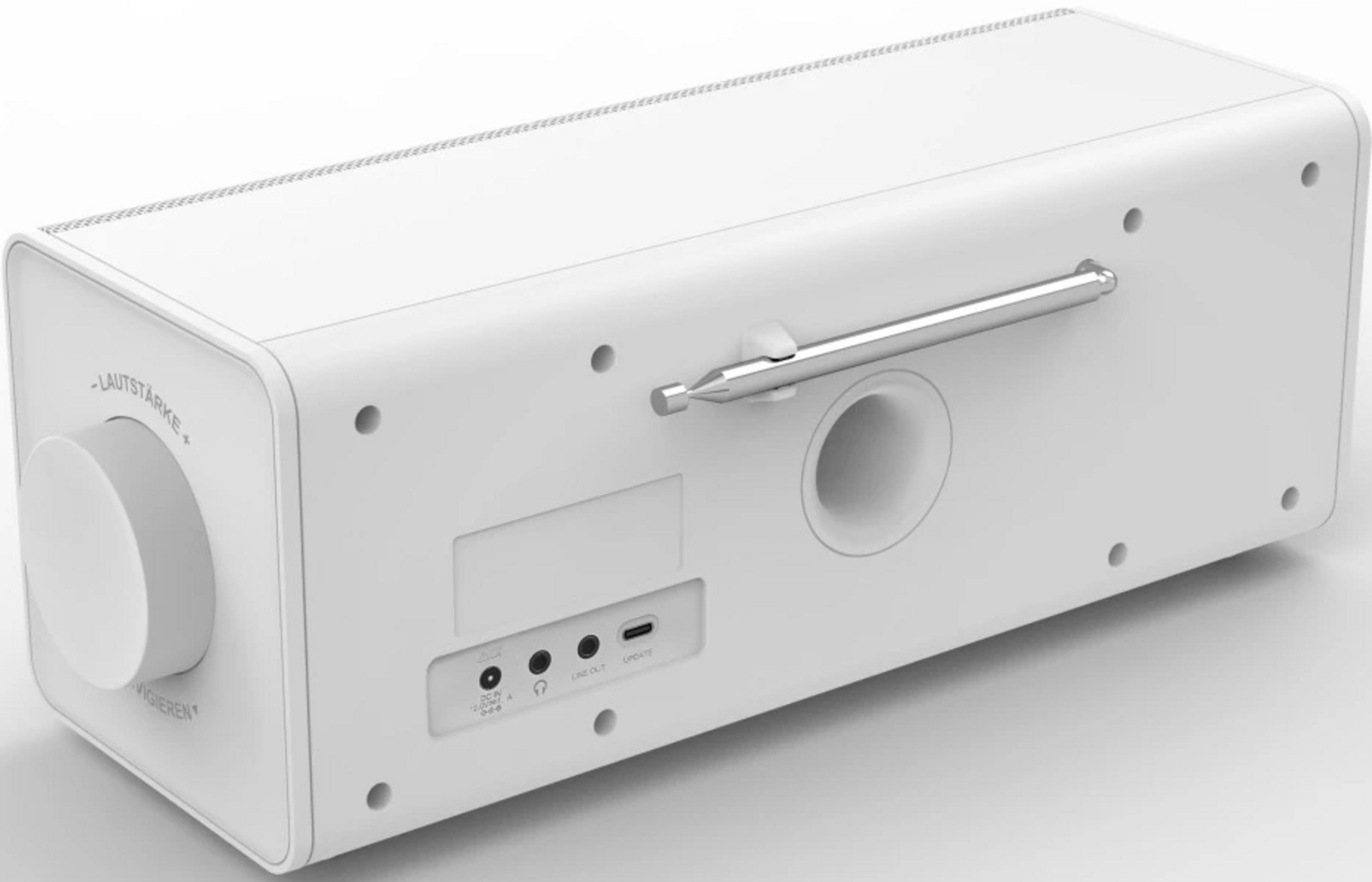 Sistema stereo bianco con antenna telescopica argentata e manopola volume laterale.