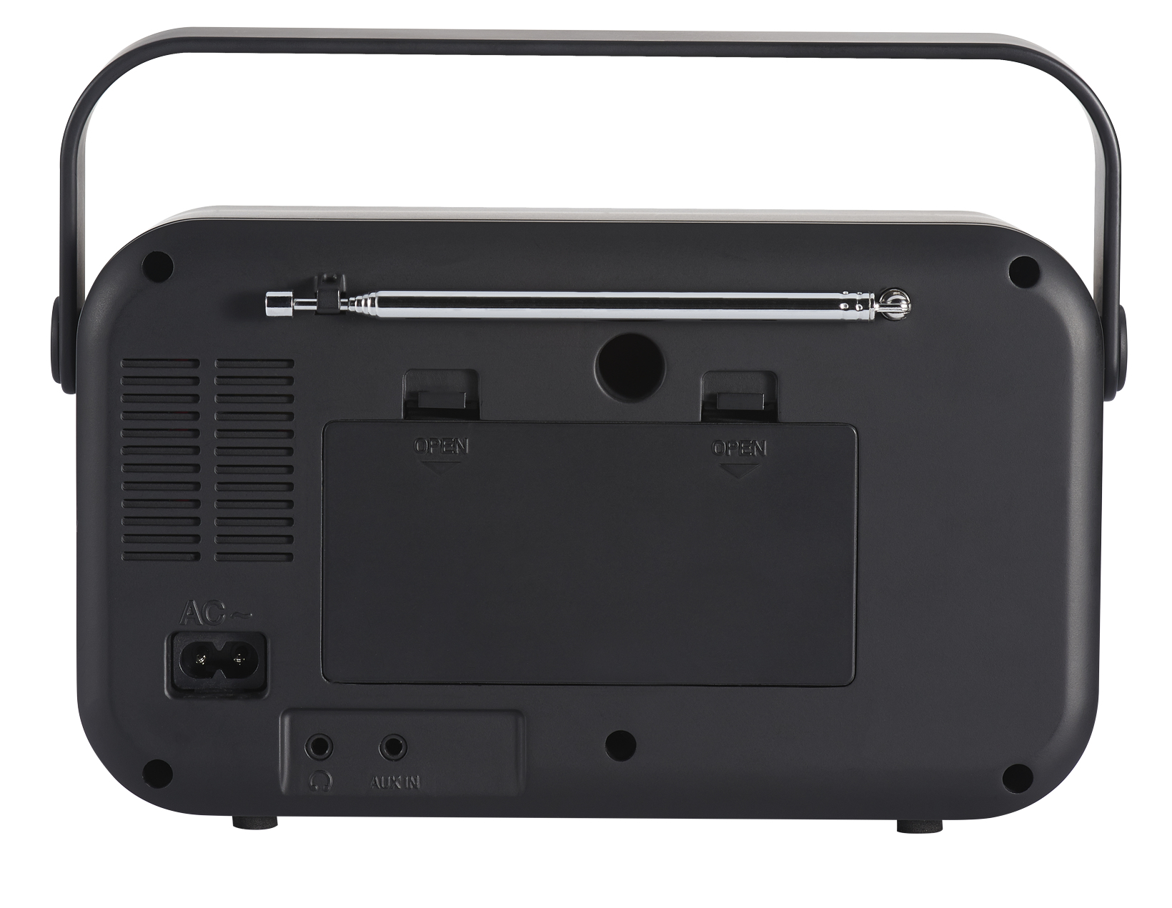 Tył czarnego radia z wysuwaną anteną, wejściem AC i portem AUX IN.