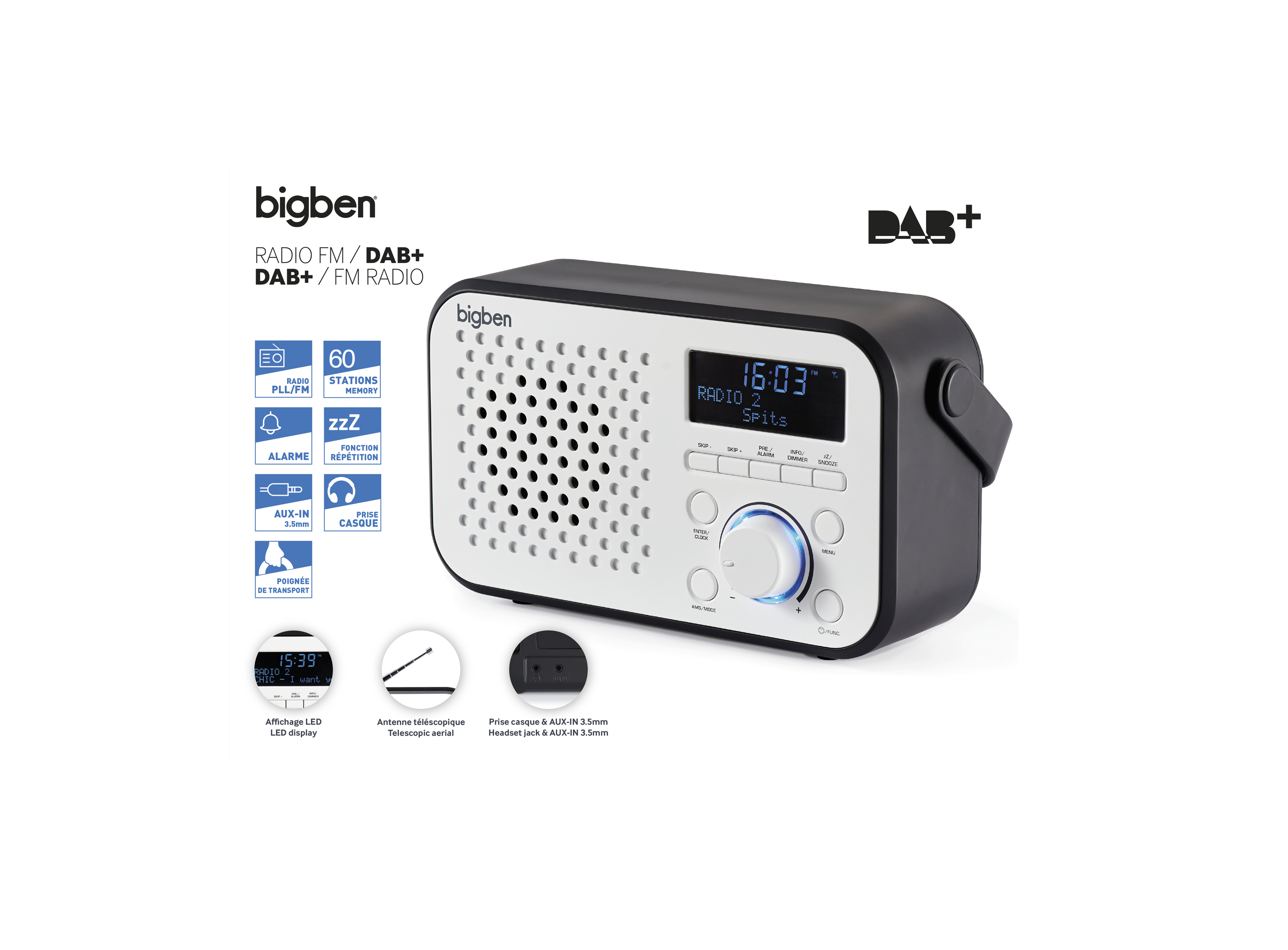 Czarno-białe radio Bigben DAB+/FM z srebrną maskownicą głośnika i niebieskim podświetlanym pokrętłem.