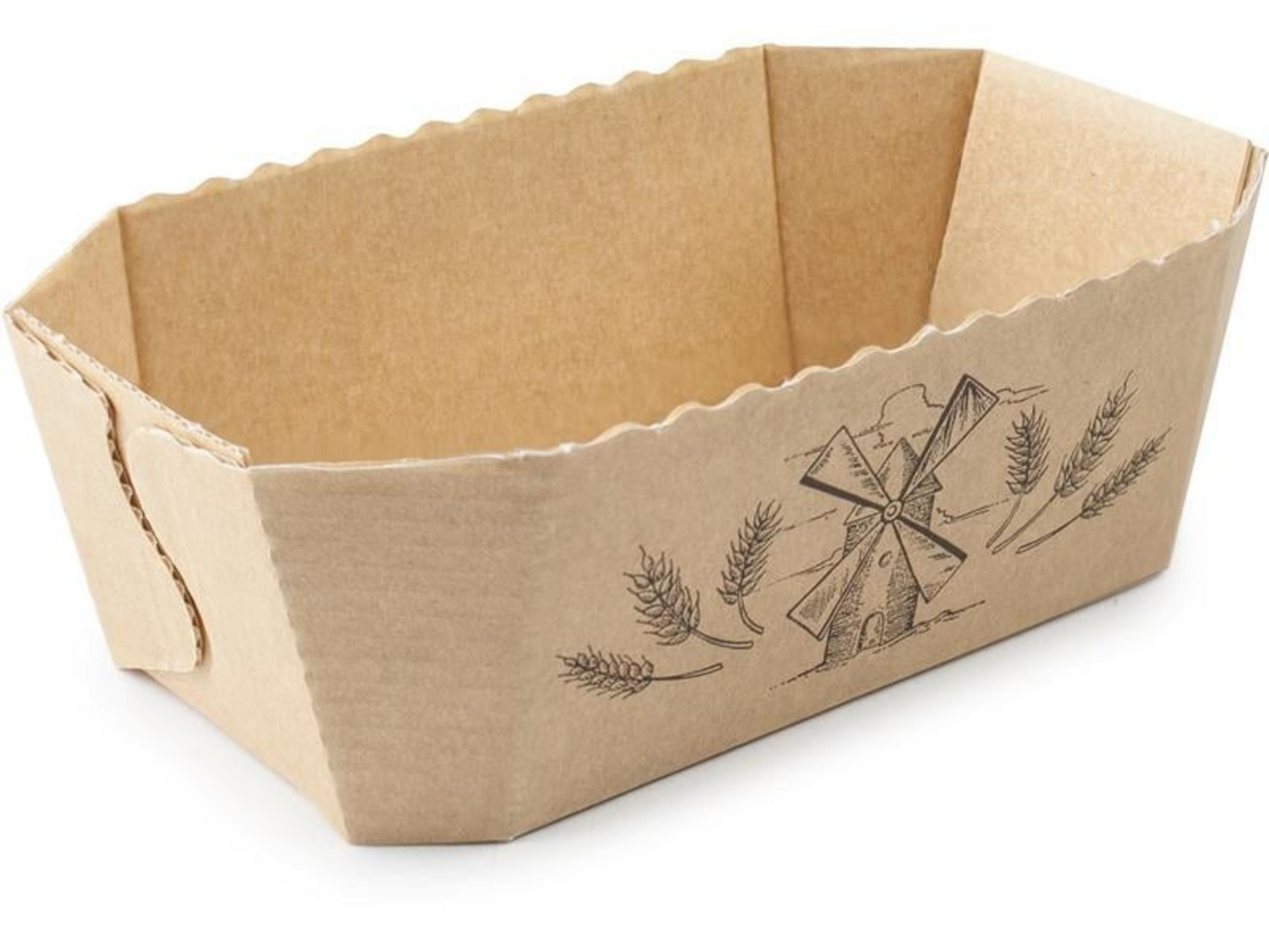 Un moule à pain marron en carton avec un motif de moulin et d'épis.
