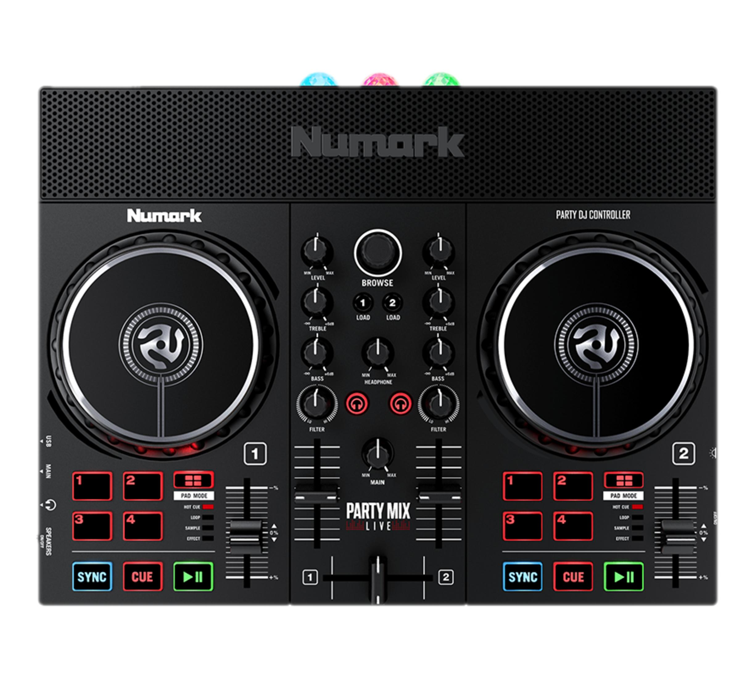 Ein schwarzer Numark Party Mix DJ-Controller mit zwei Jogwheels, Pads und Reglern.