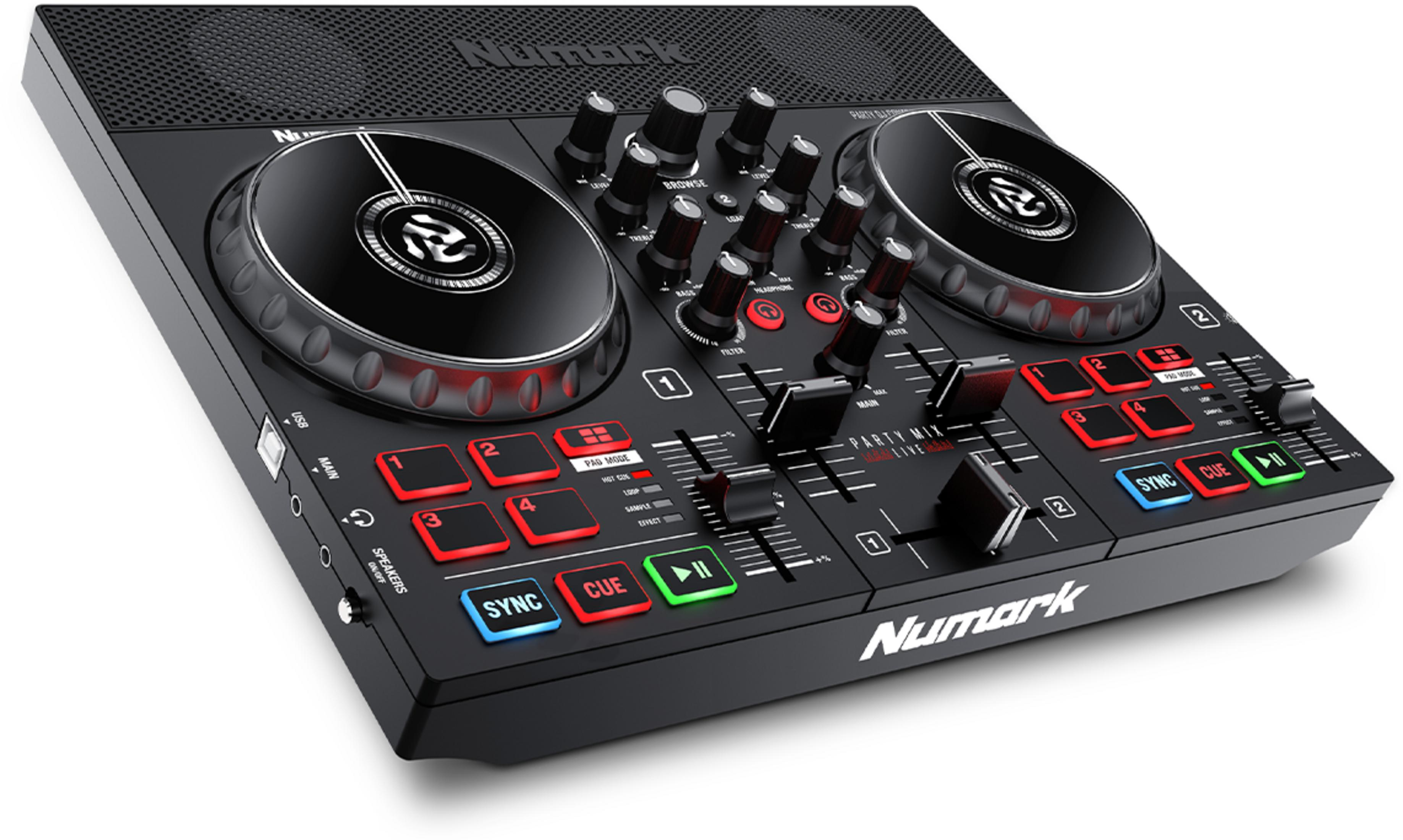 Ein schwarzer Numark DJ-Controller mit zwei Plattentellern, Knöpfen und roten Tasten.