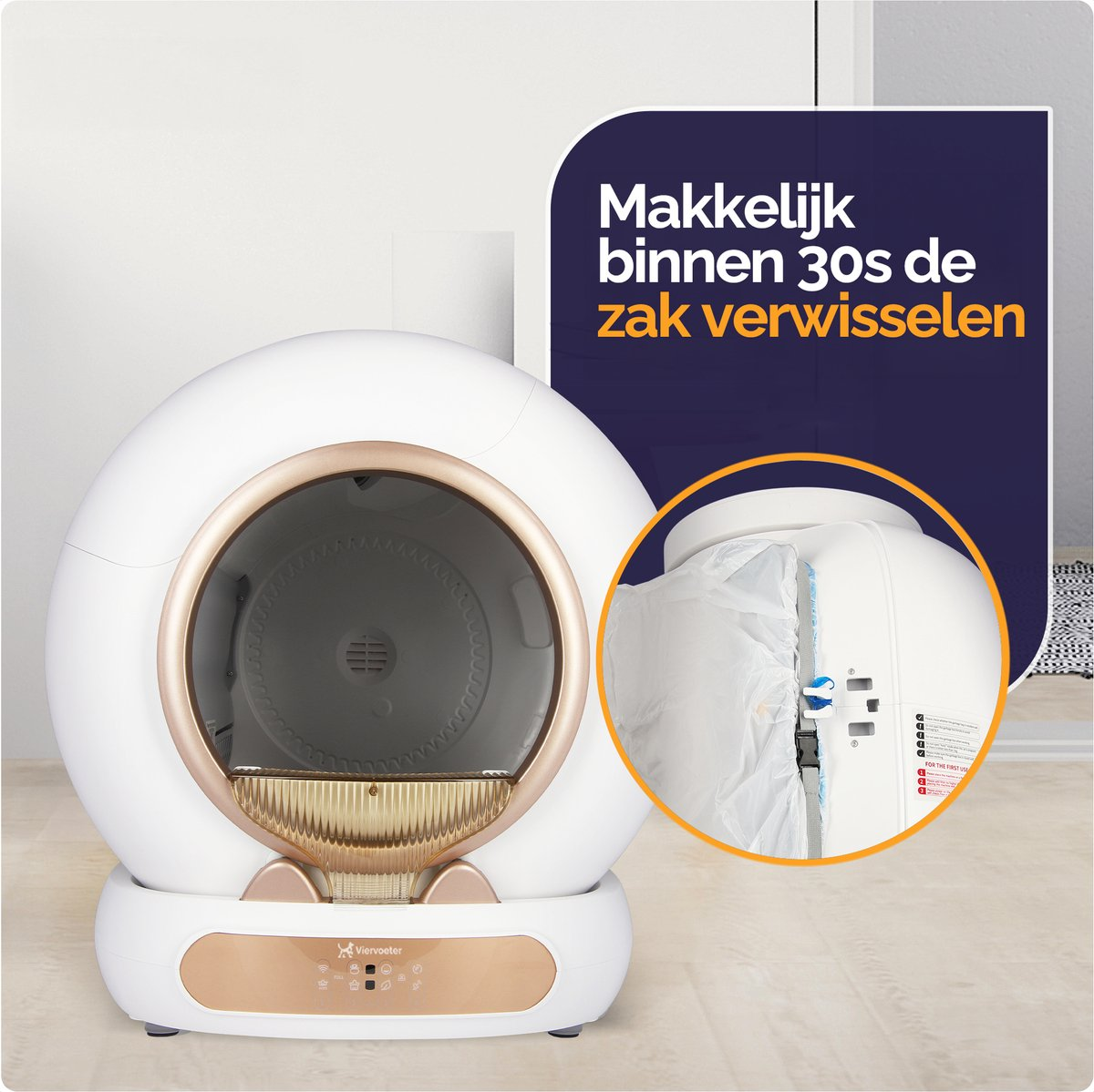 White automatic cat litter box with gold trim and text overlay.