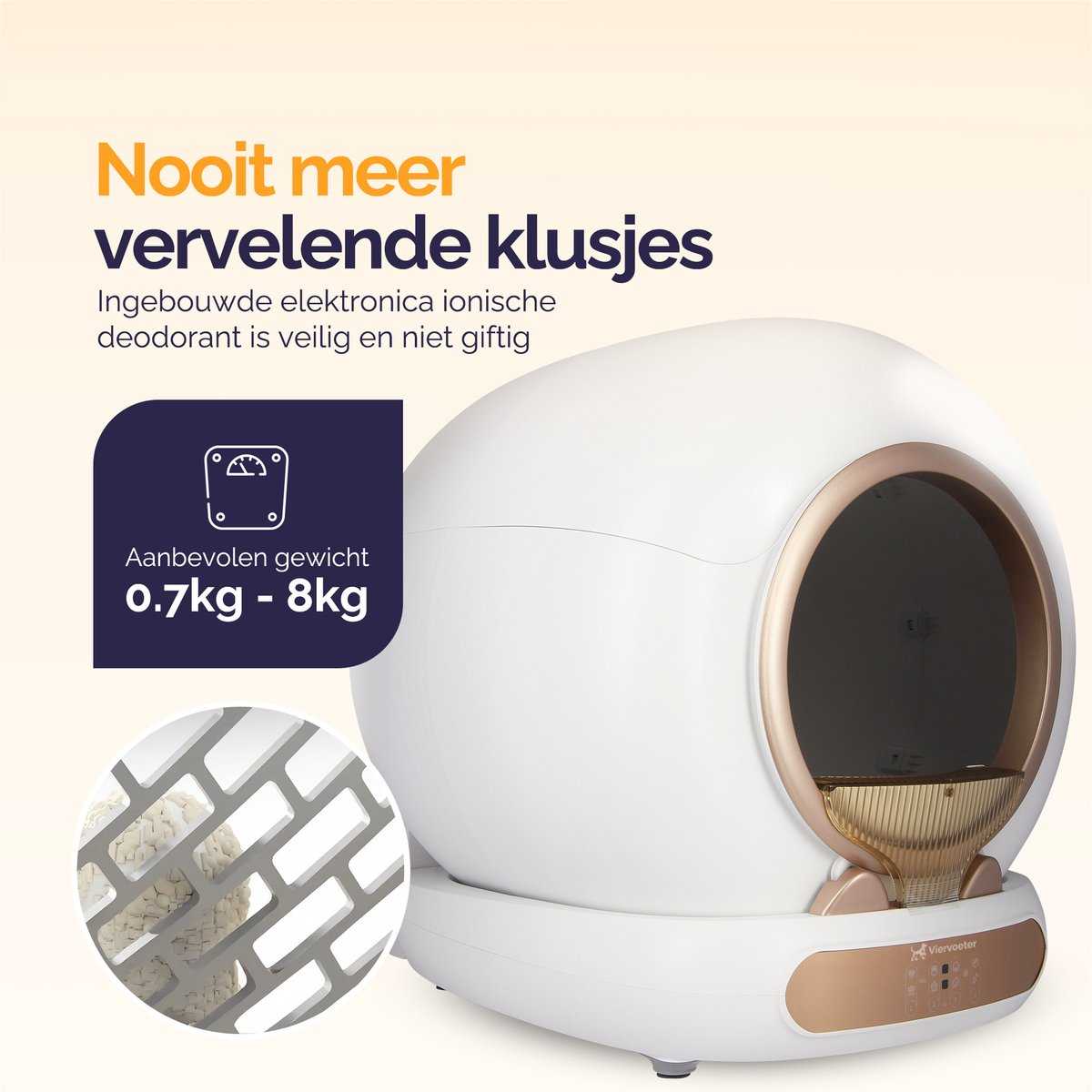 A white, round litter box with gold trim and controls. Recommended weight 0.7-8kg.