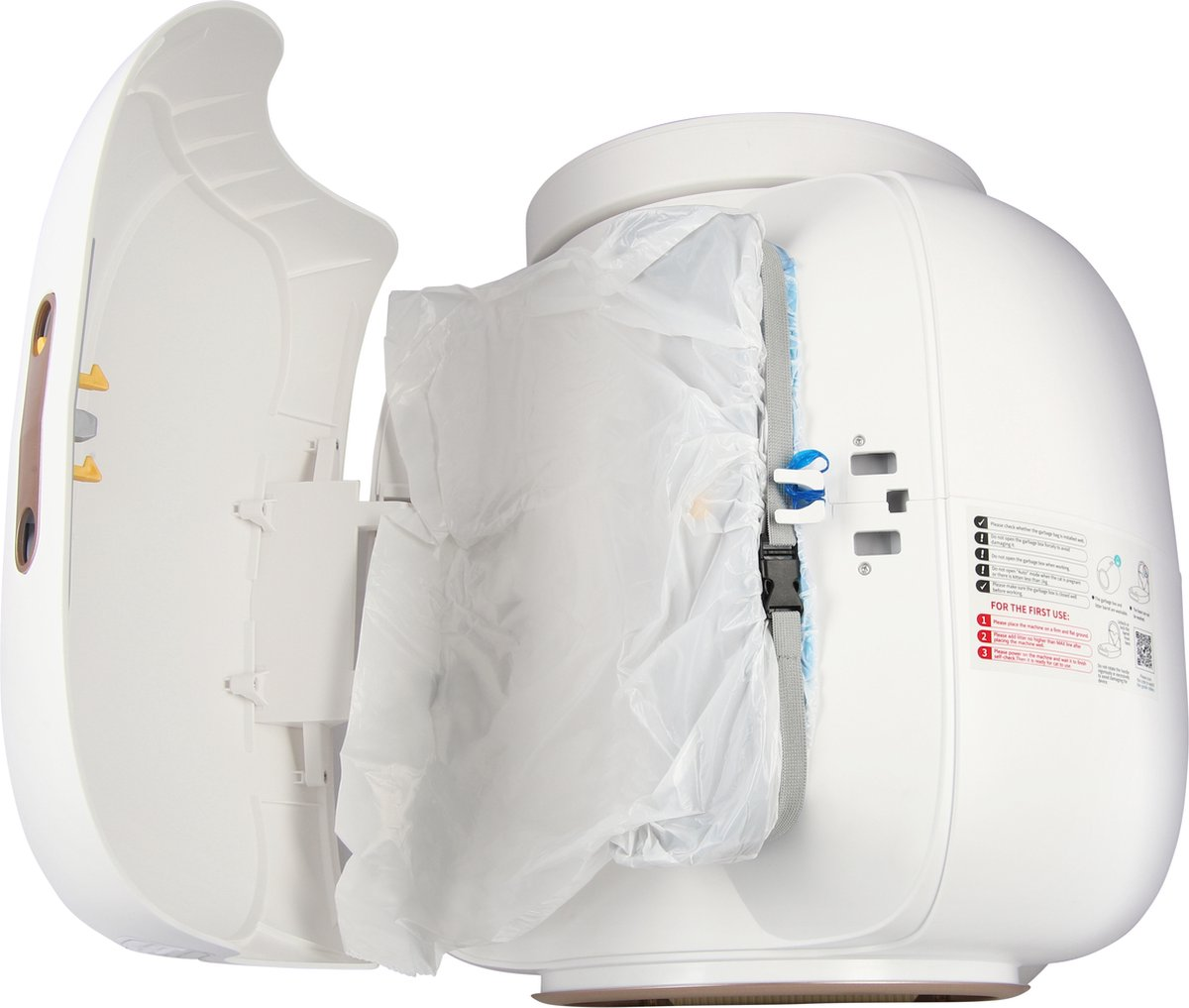 A white trash can with its lid open, showing a trash bag inside.
