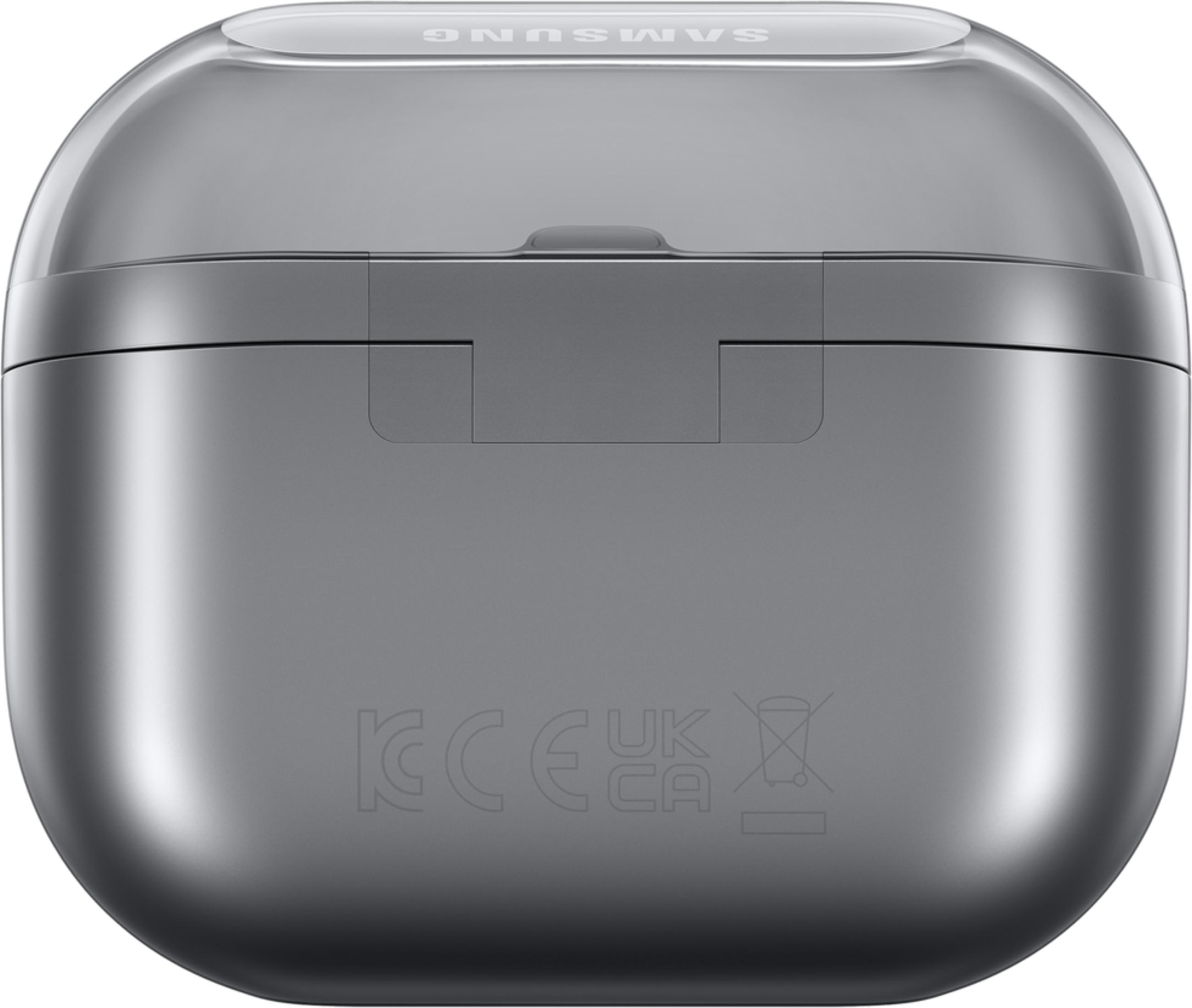 Étui de chargement Samsung gris avec marquages FCC, CE et UKCA sur le dessous.