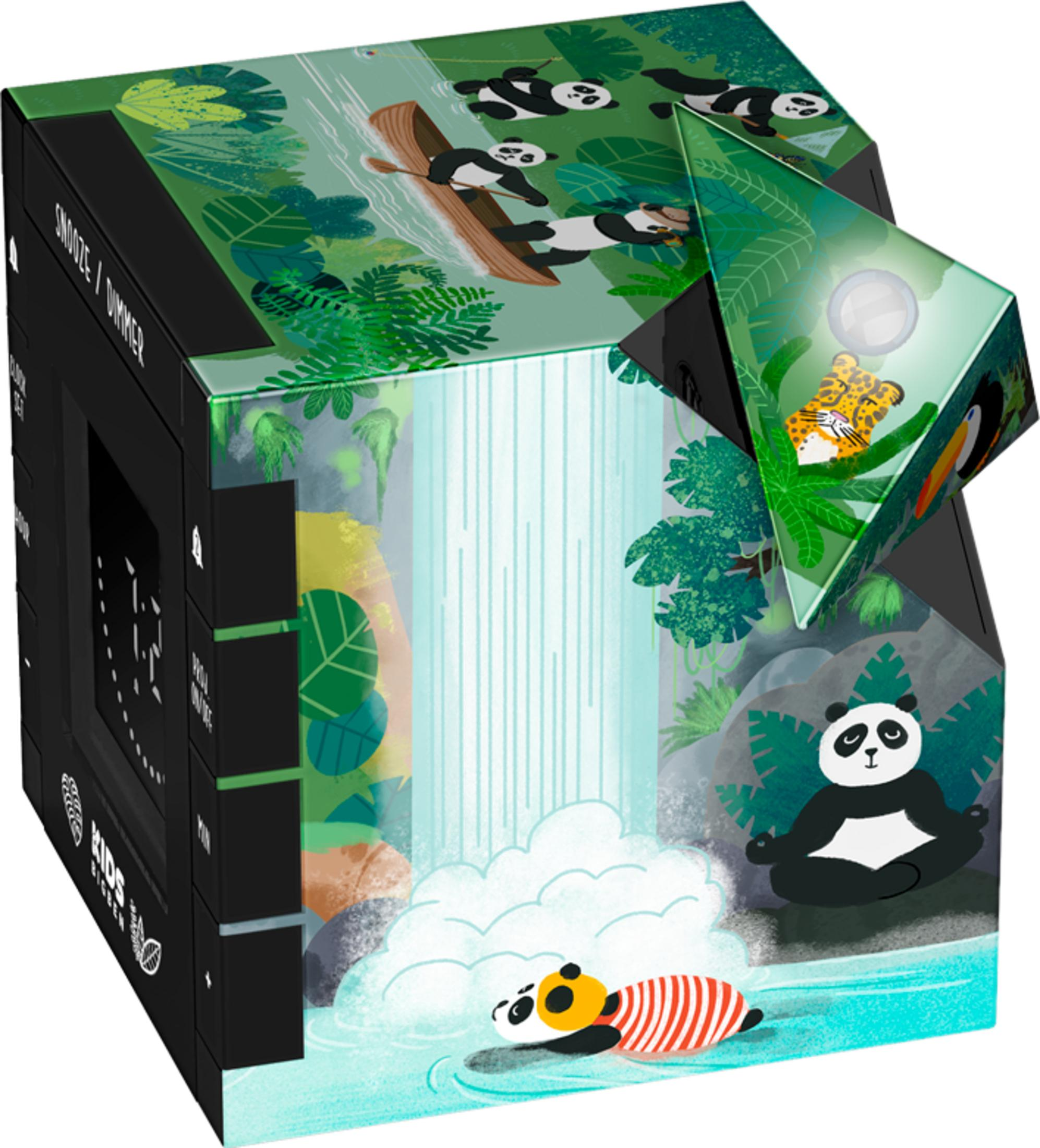 Kostka pokazuje pandy w dżungli. Jedna panda pływa, jedna wiosłuje, jedna medytuje.