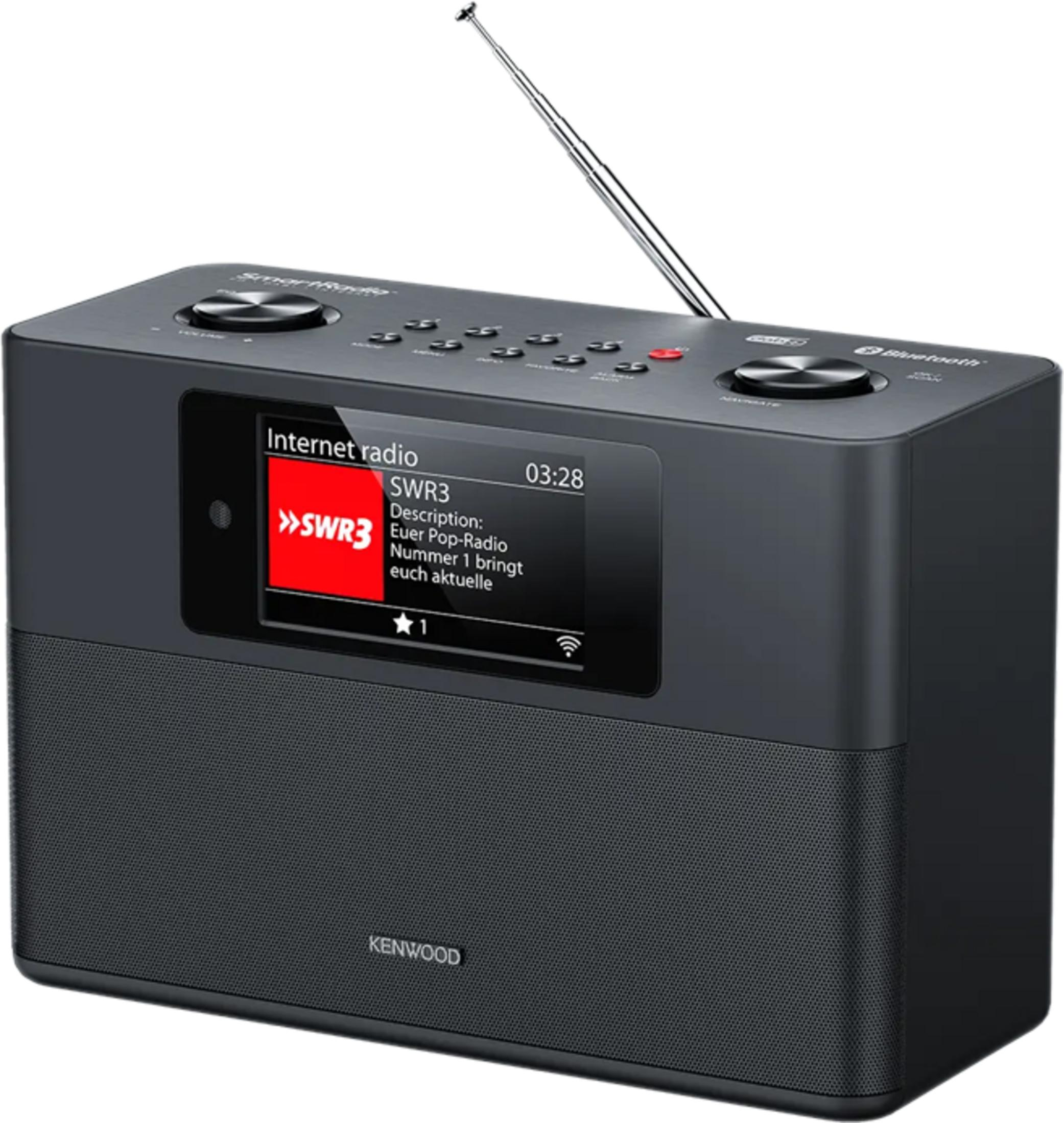 Ein schwarzes Kenwood Internetradio mit silberner Antenne und Display.