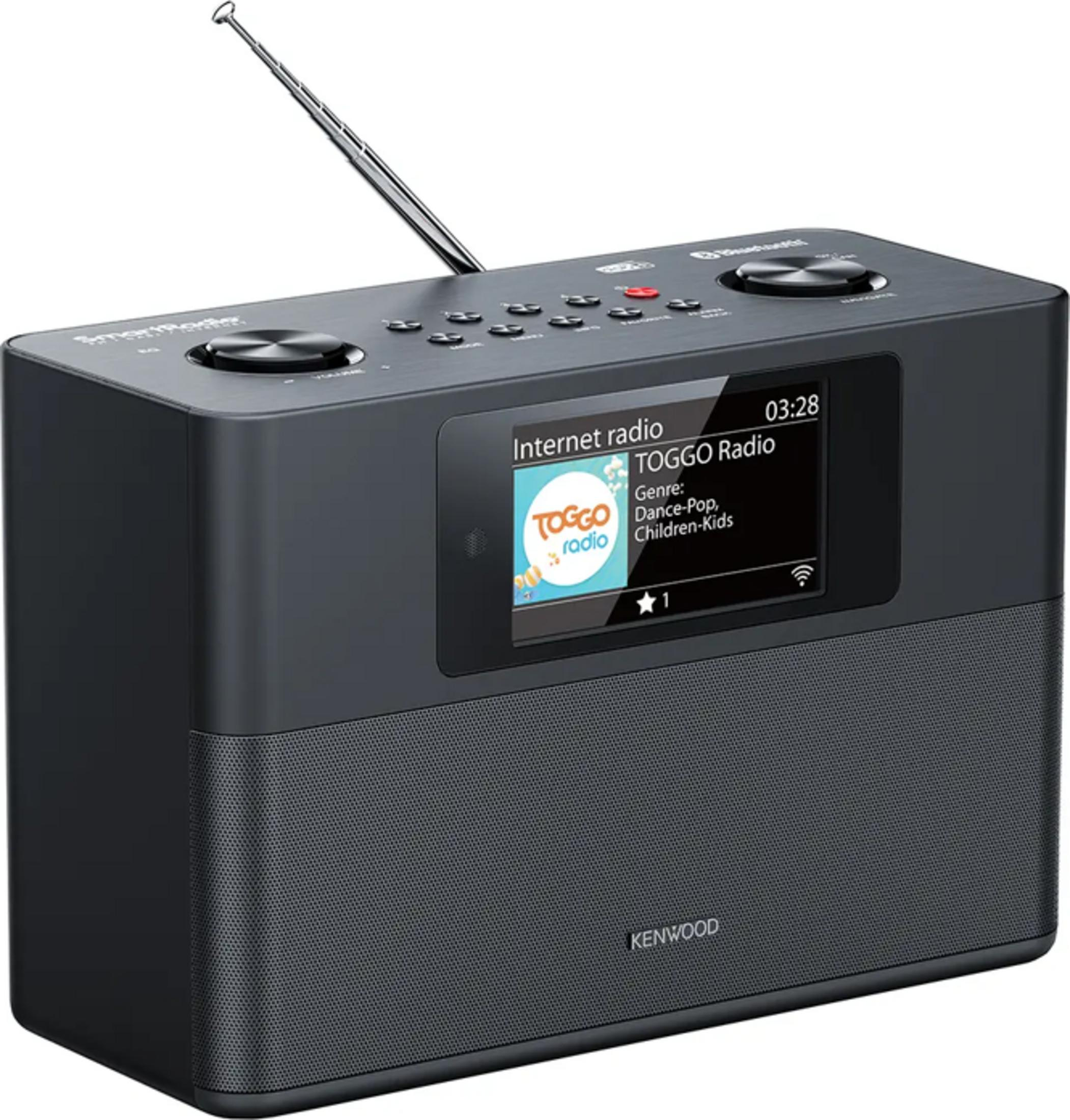 Ein schwarzes Kenwood Internetradio mit silberner Antenne und Farbdisplay.