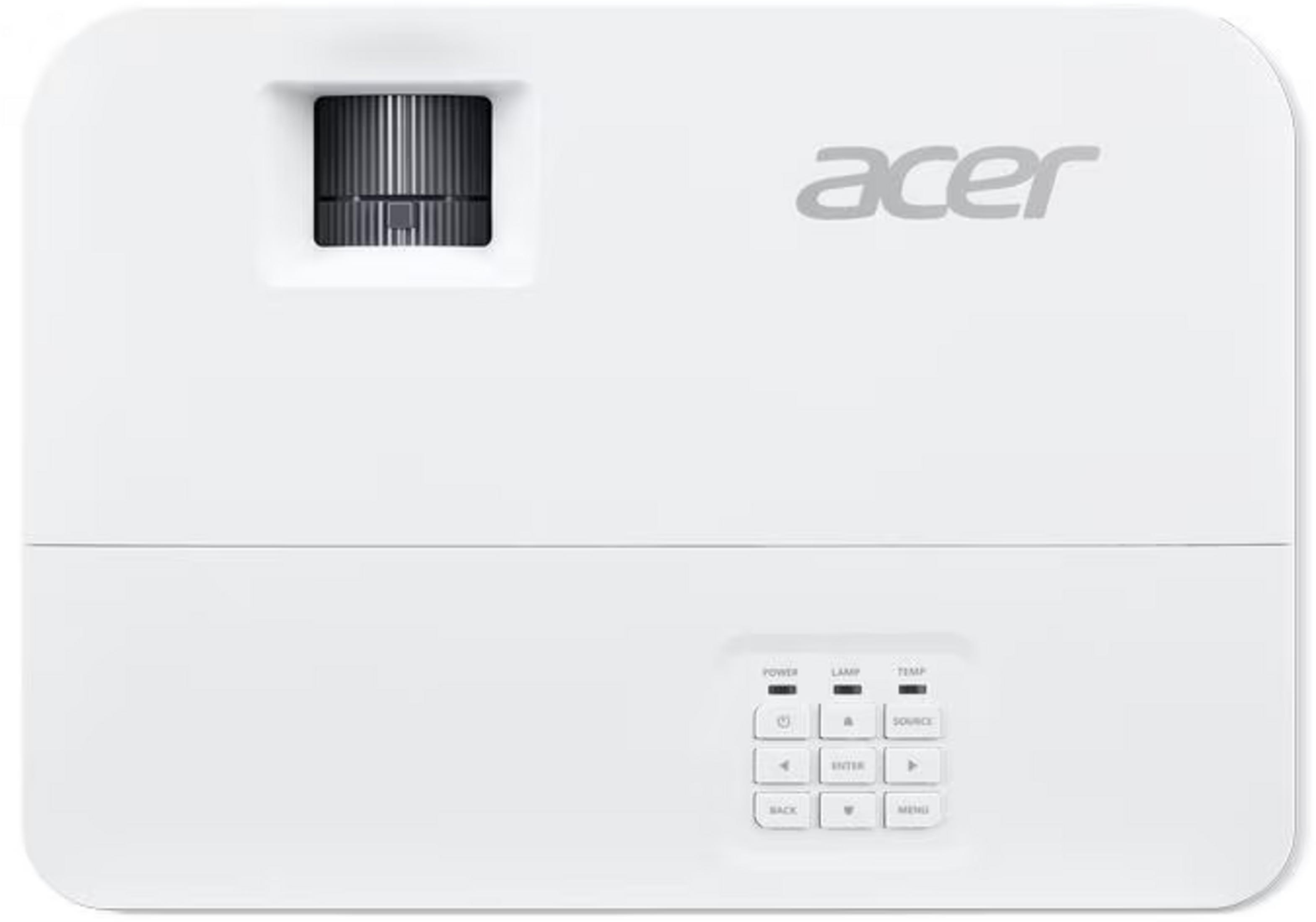 Un projecteur Acer blanc avec objectif, boutons et logo Acer.