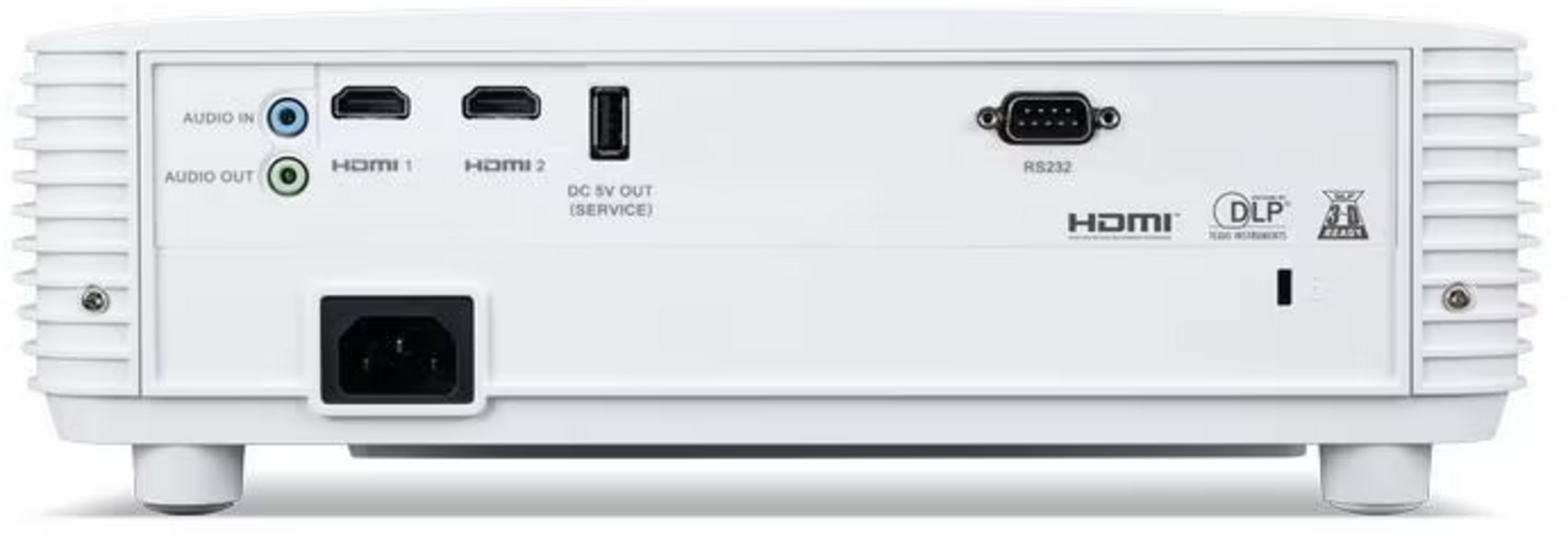 Arrière d'un projecteur blanc avec ports : Audio In/Out, 2x HDMI, USB, RS232, entrée secteur.