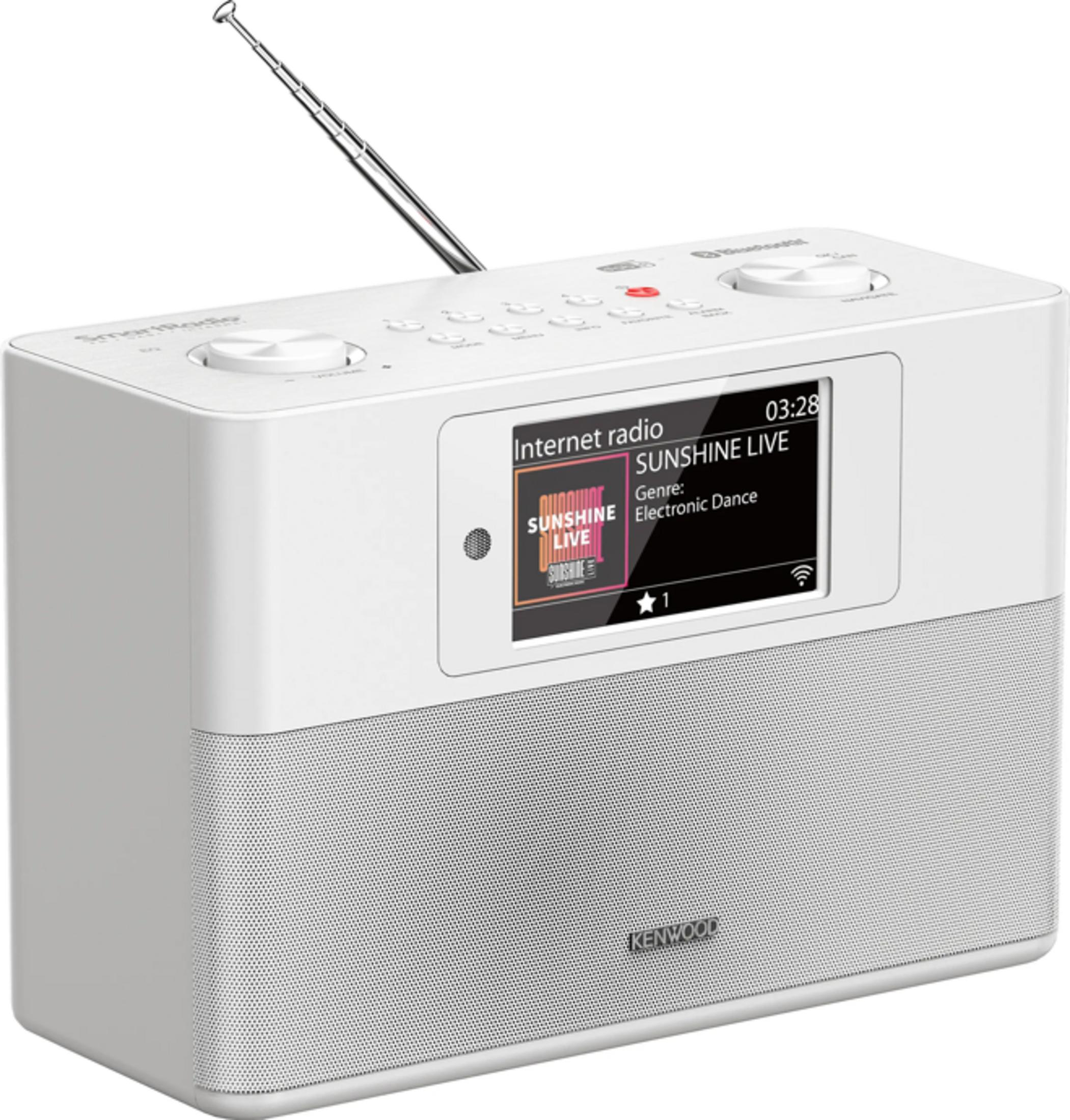Weißes Internetradio mit ausfahrbarer Antenne und Farbdisplay.