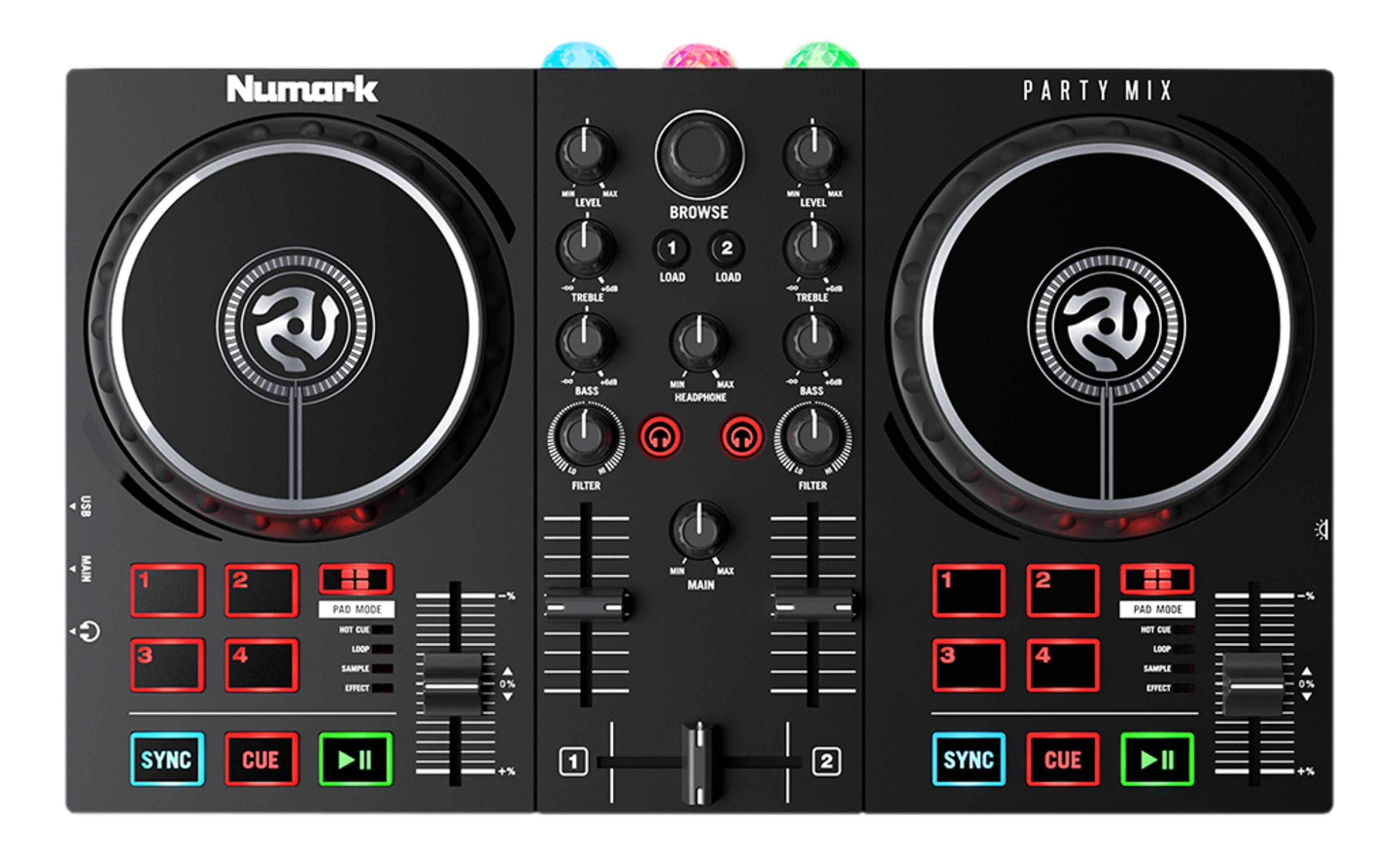 Numark Party Mix DJ-Controller mit zwei Jog-Wheels, Pads und Reglern.