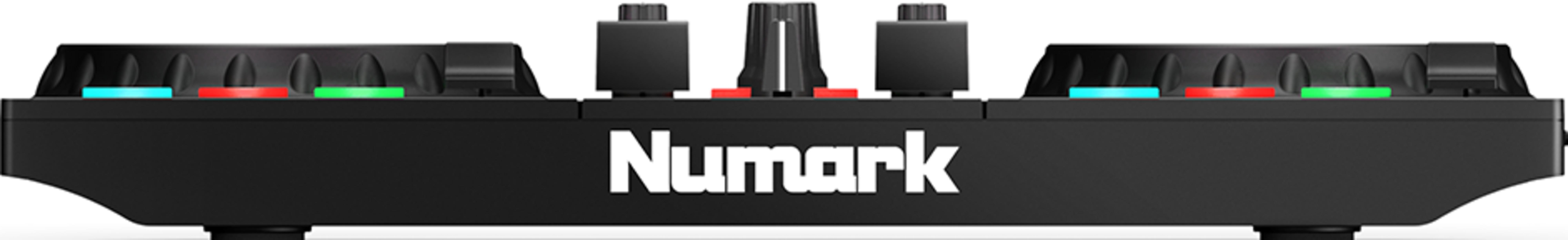 Schwarzer DJ-Controller mit Reglern, Lichtern und dem Numark-Logo.