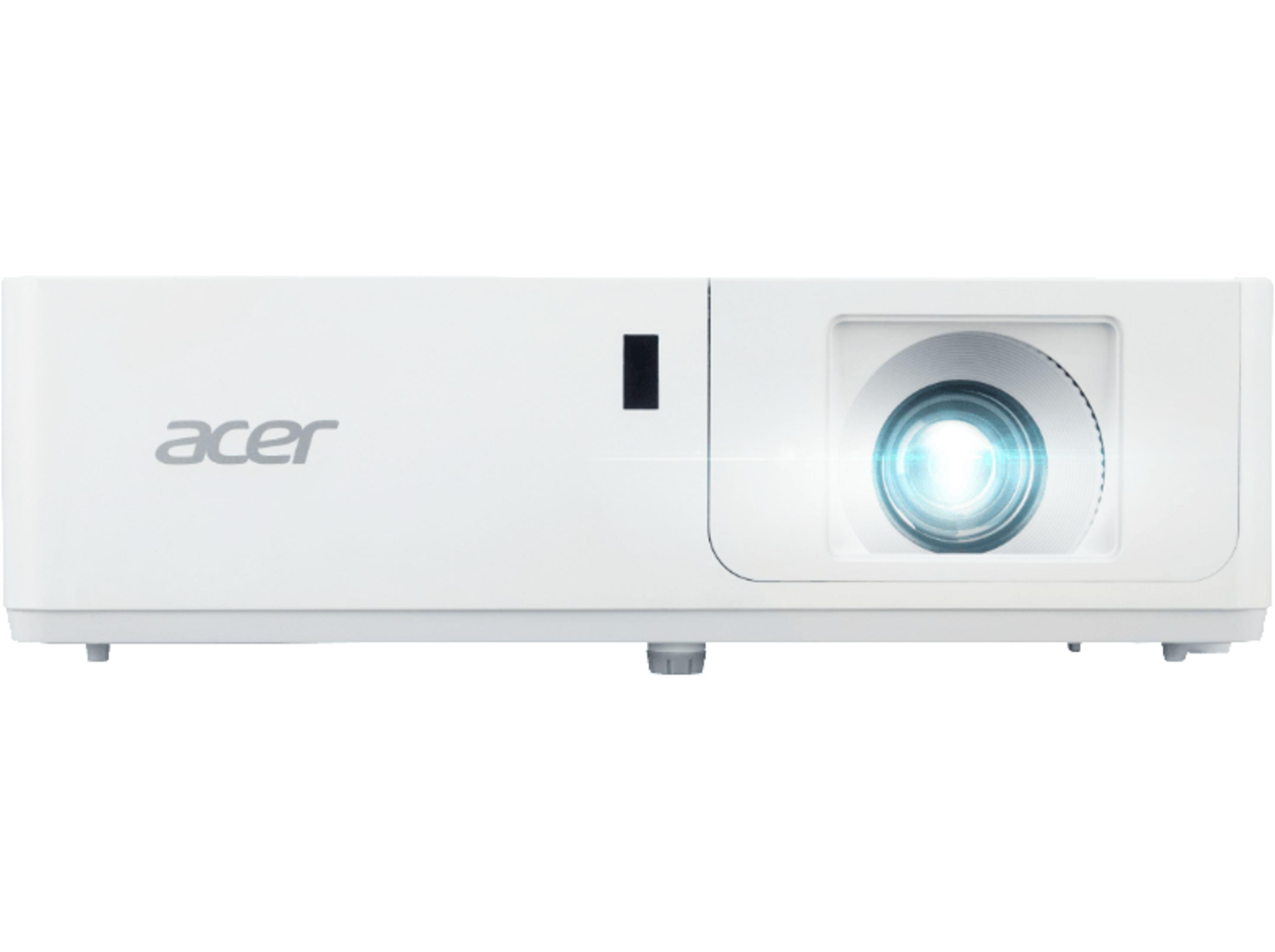 Un projecteur Acer blanc avec une lentille lumineuse, isolé sur fond blanc.