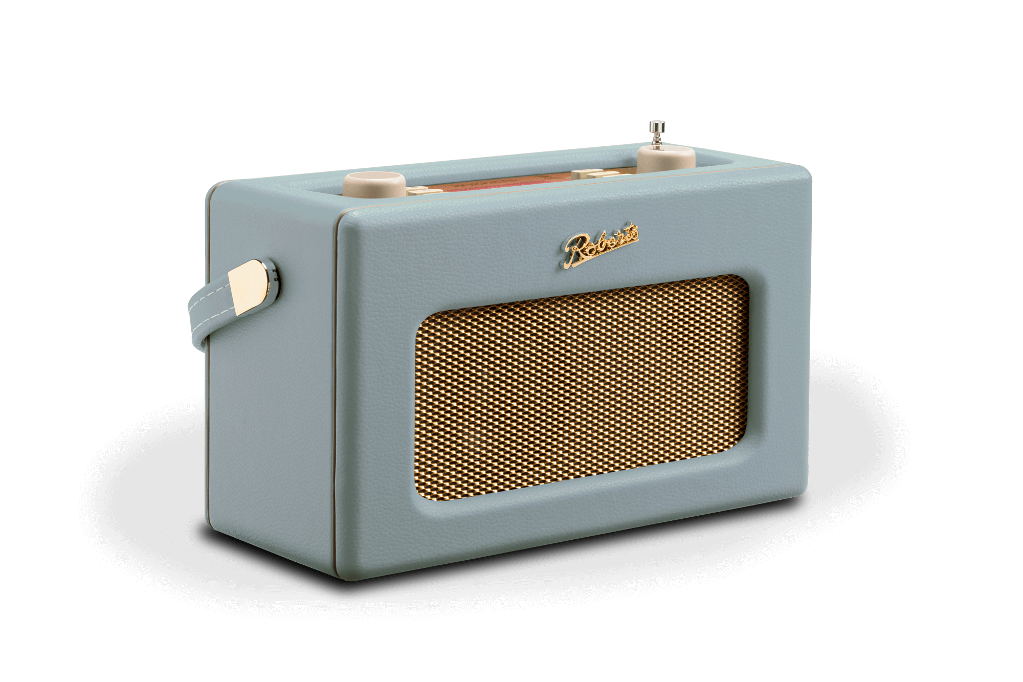 Jasnoniebieskie radio retro ze złotą kratką głośnika i gałką.