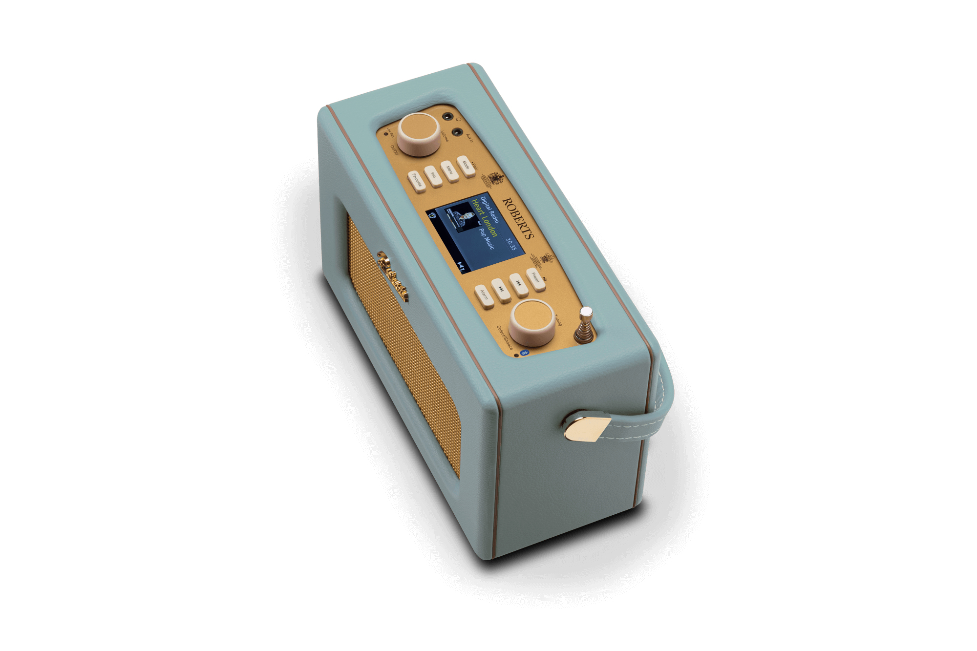 Jasnoniebieskie radio Roberts ze złotym panelem przednim i grillem głośnika.