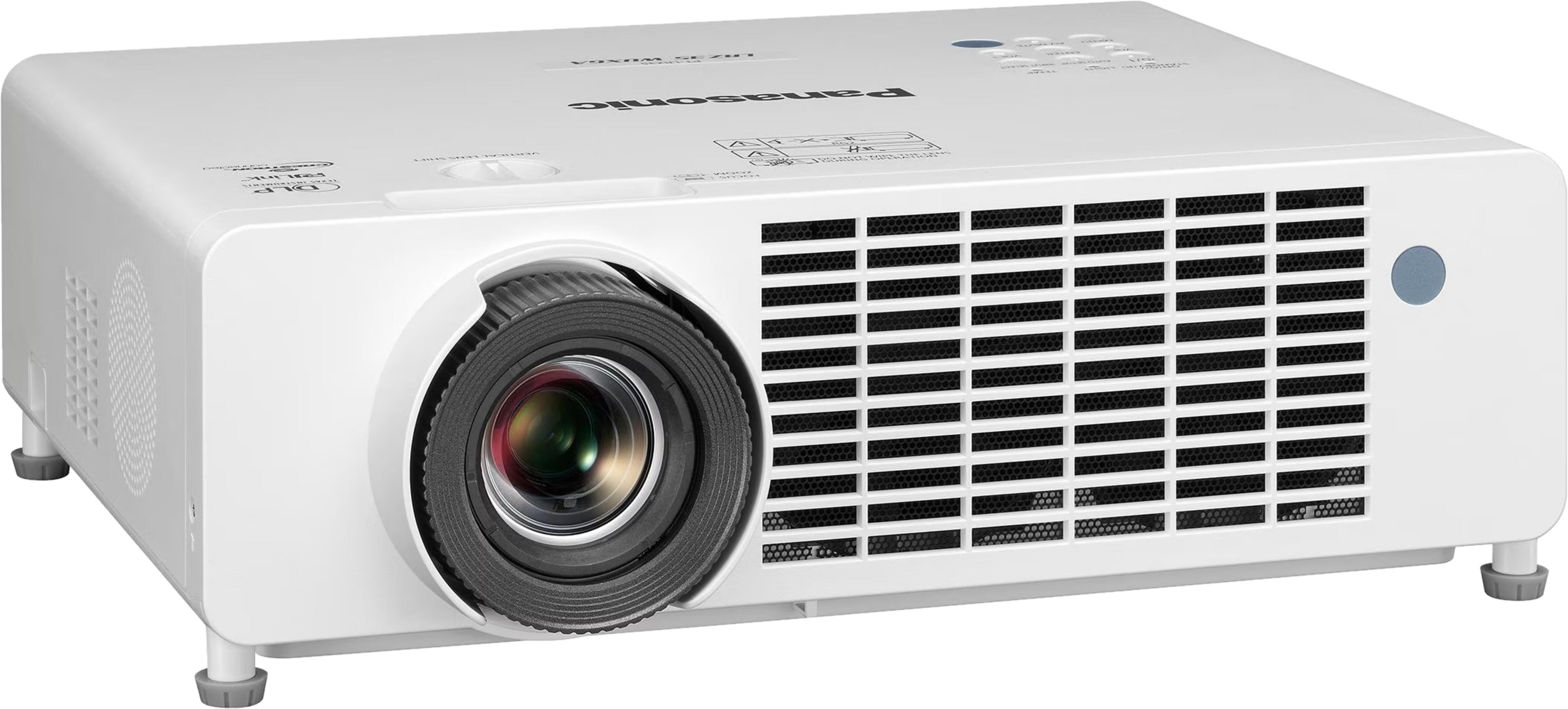 Un proiettore Panasonic bianco con lente, griglie di ventilazione e pulsanti.