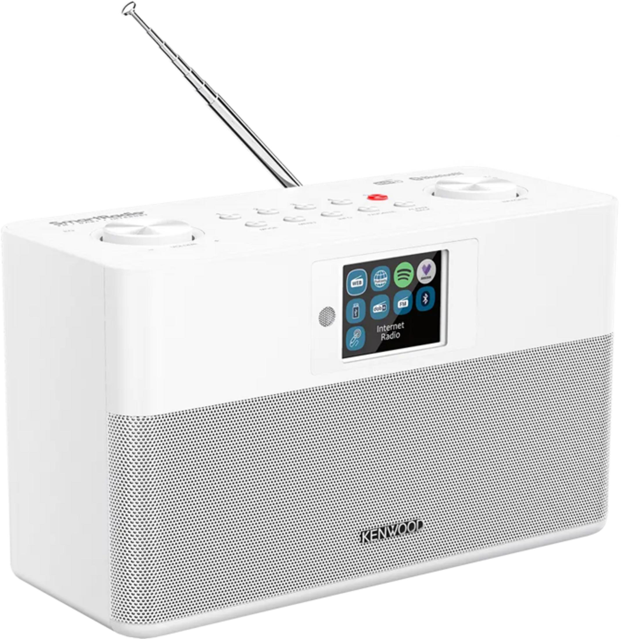 Ein weißer Kenwood Internetradio mit ausgefahrenem Antennenstab und Farbdisplay.