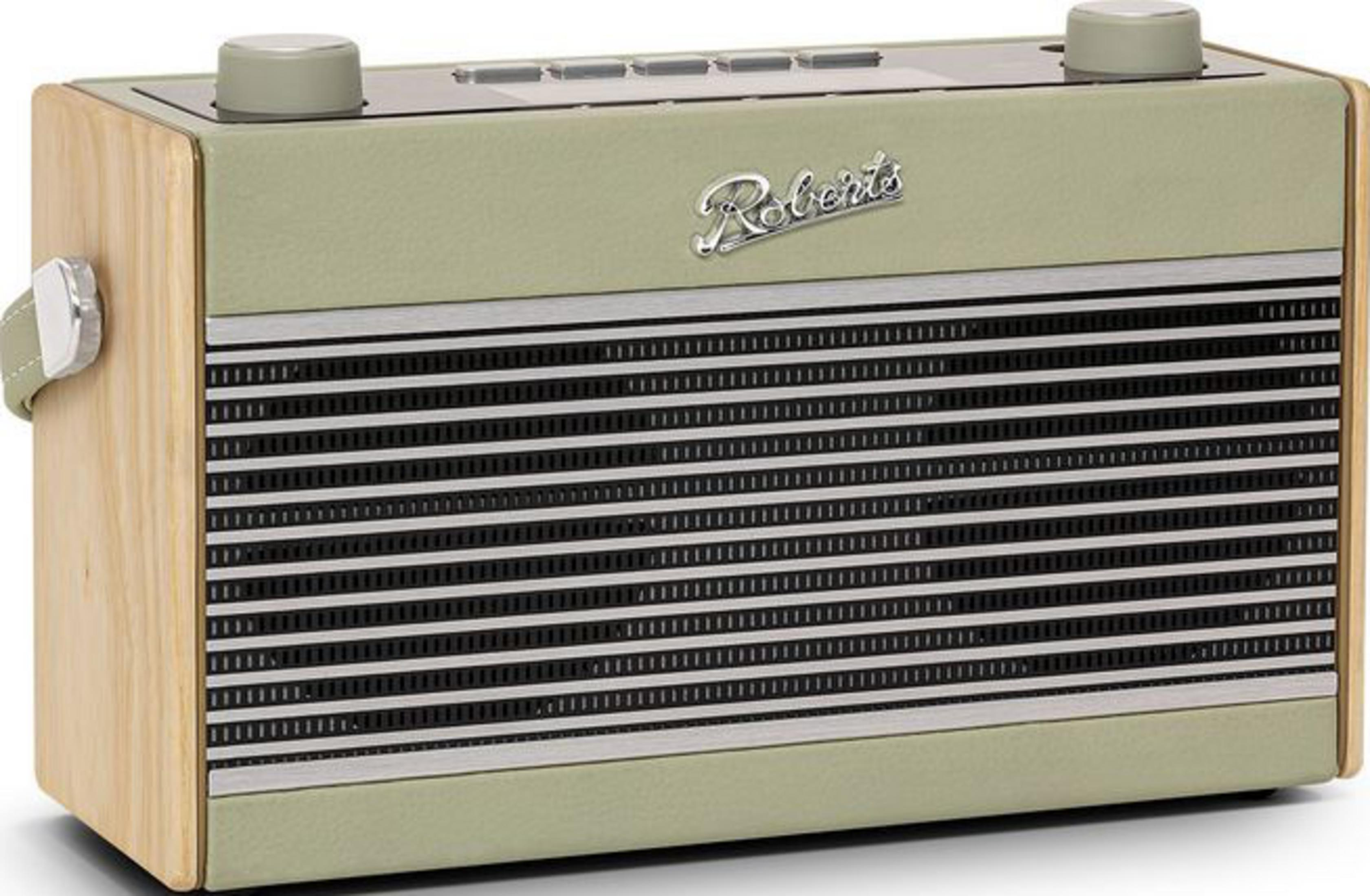 Ein hellgrünes Radio mit Holzseiten und silbernen Knöpfen und Lautsprechergitter.