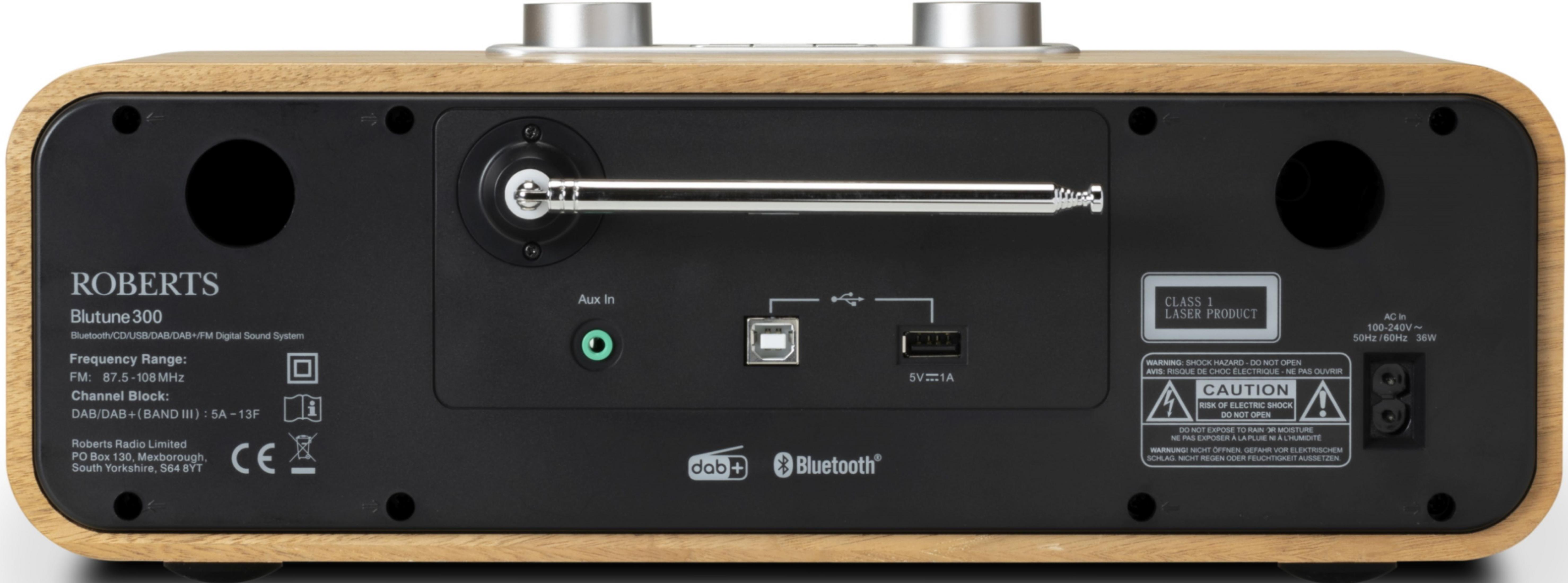 Rückseite des Roberts Blutune 300 mit Anschlüssen: Aux, USB, DAB+, Bluetooth.