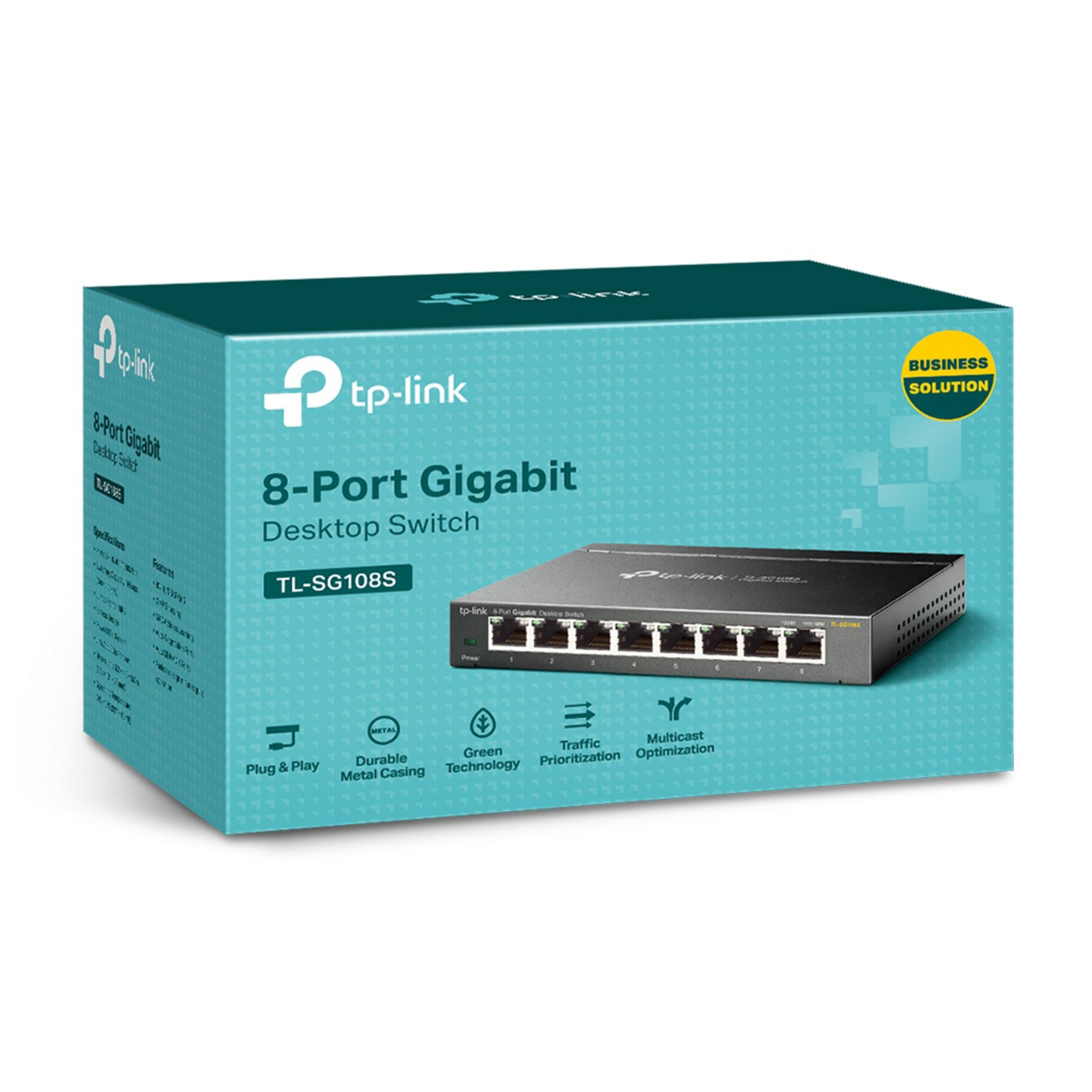 TP-Link 8-Port Gigabit Desktop Switch TL-SG108S w pudełku z ikonami.