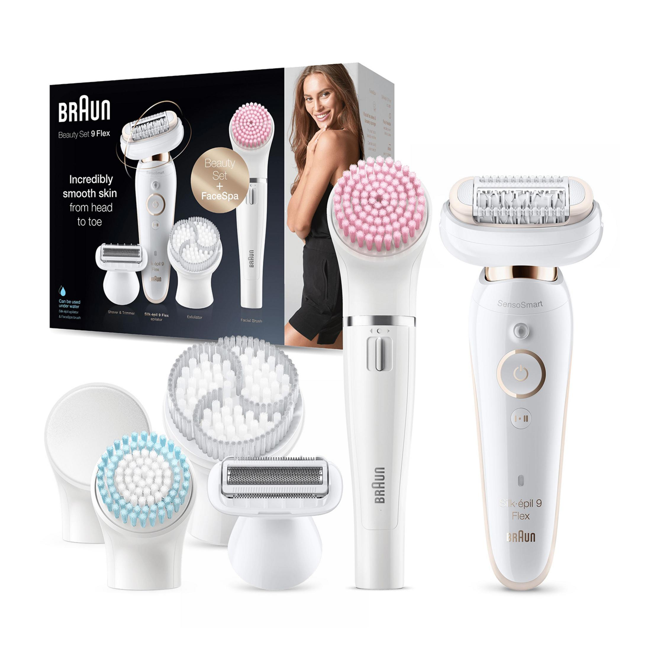 Zestaw kosmetyczny Braun Silk-épil 9 Flex z elementami wystawowymi, w tym depilatorem, szczotkami i trymerem.
