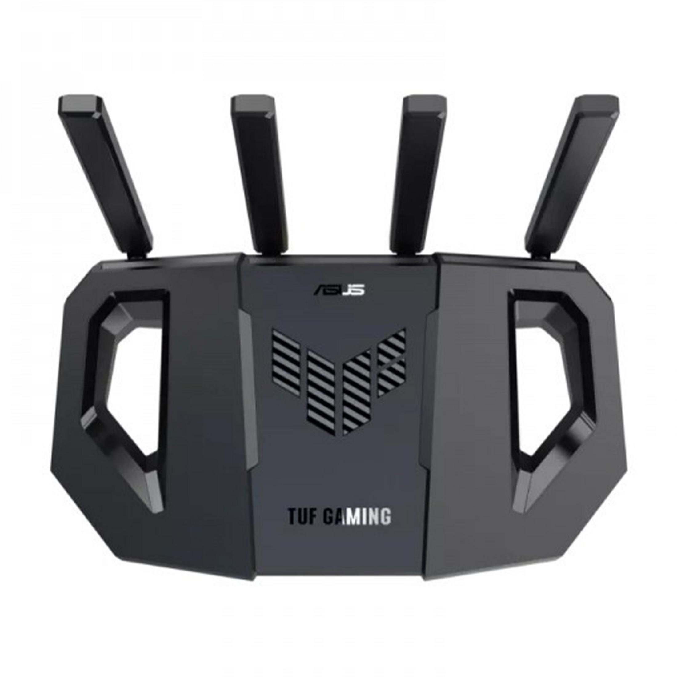 A black ASUS TUF Gaming router with four antennas.