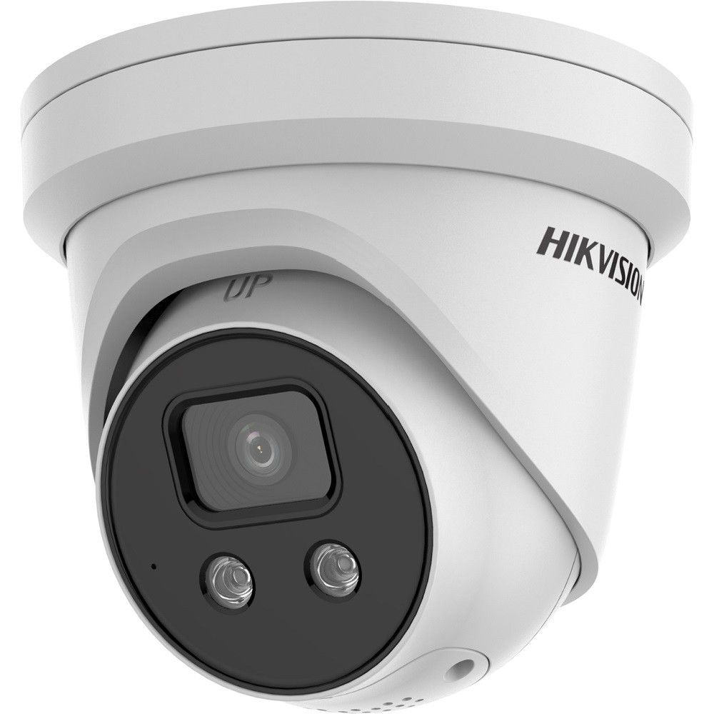 Una telecamera di sicurezza Hikvision bianca con obiettivo nero e luci.