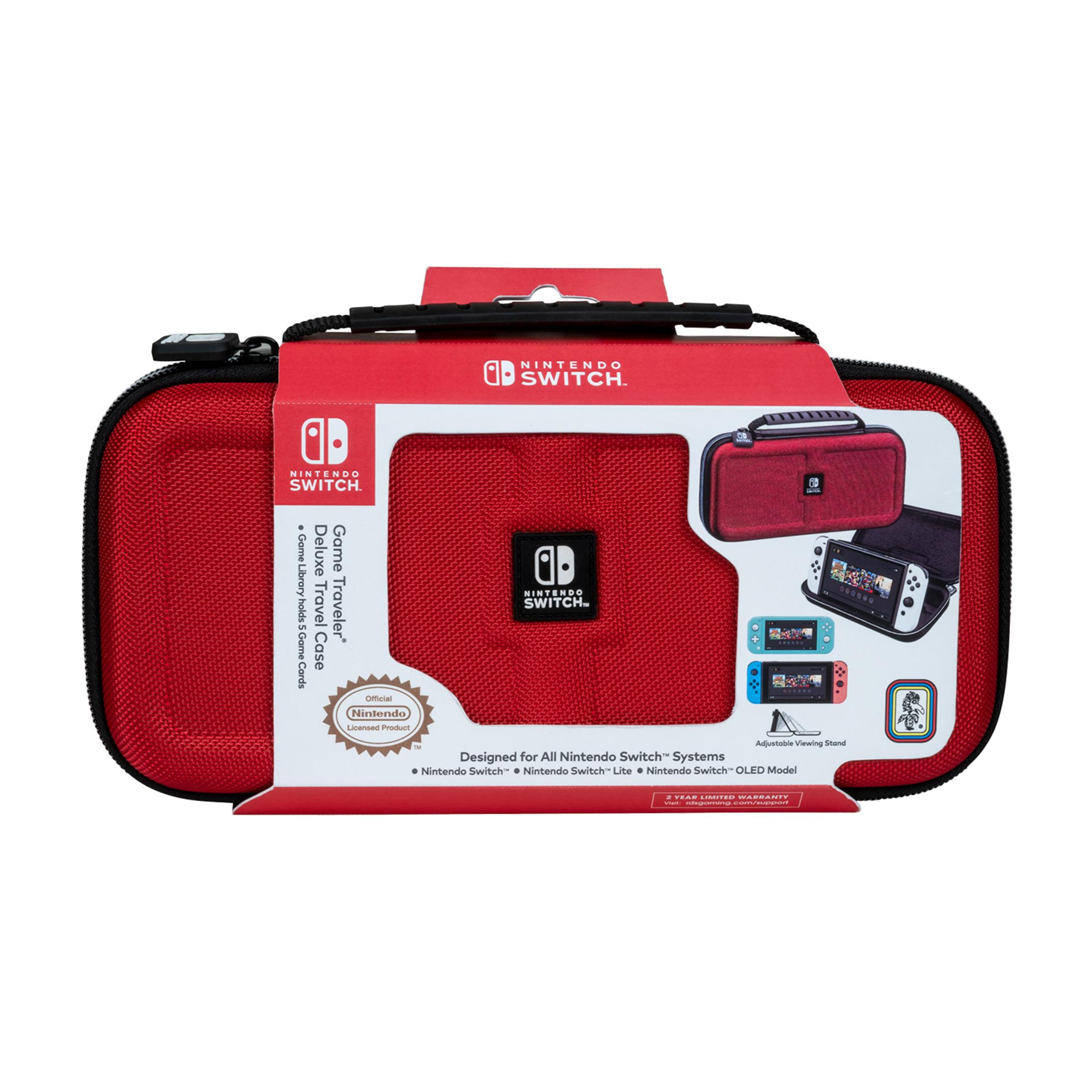 Custodia da viaggio rossa Nintendo Switch con immagini accessori.