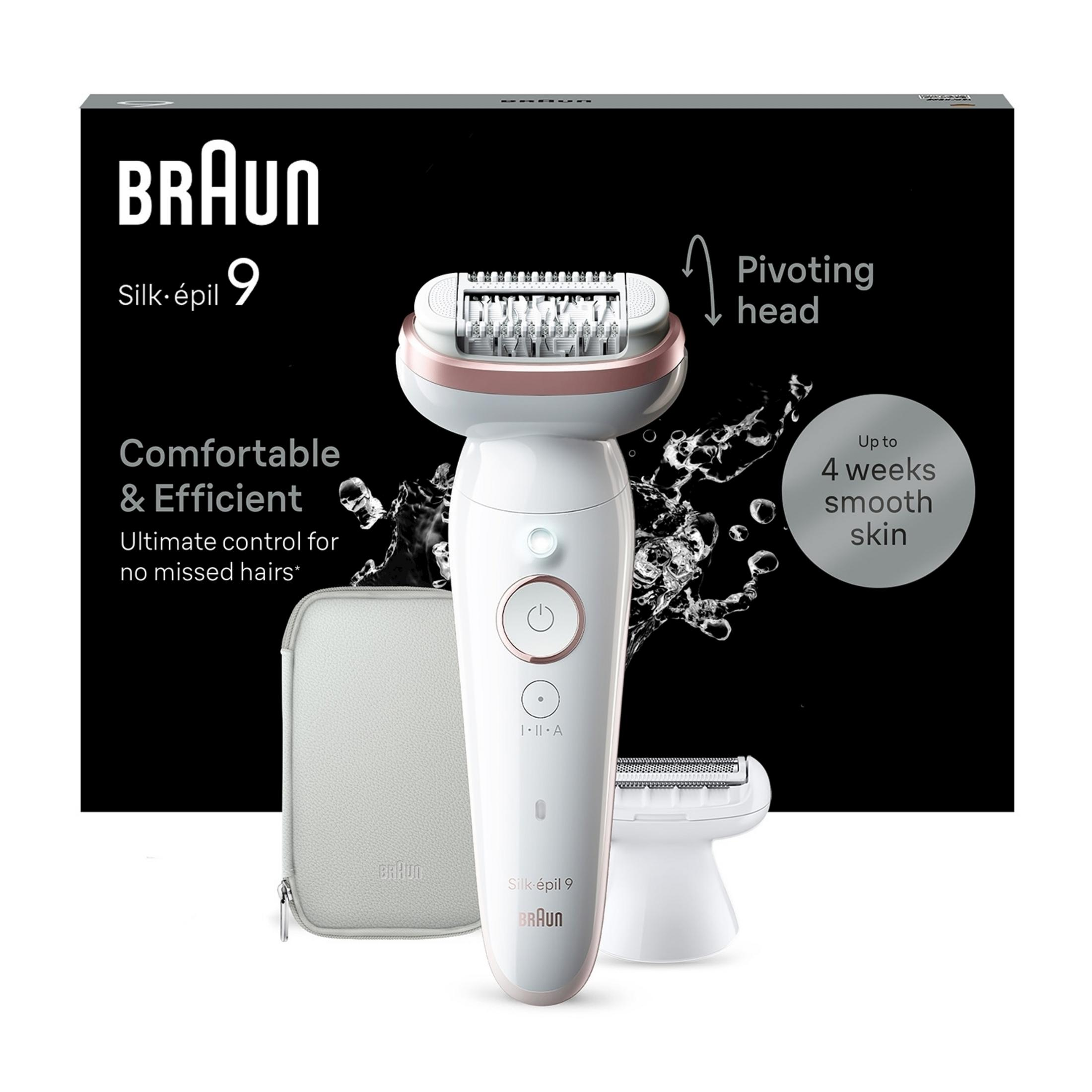 Depilator Braun Silk-épil 9 z obrotową głowicą i akcesorium.