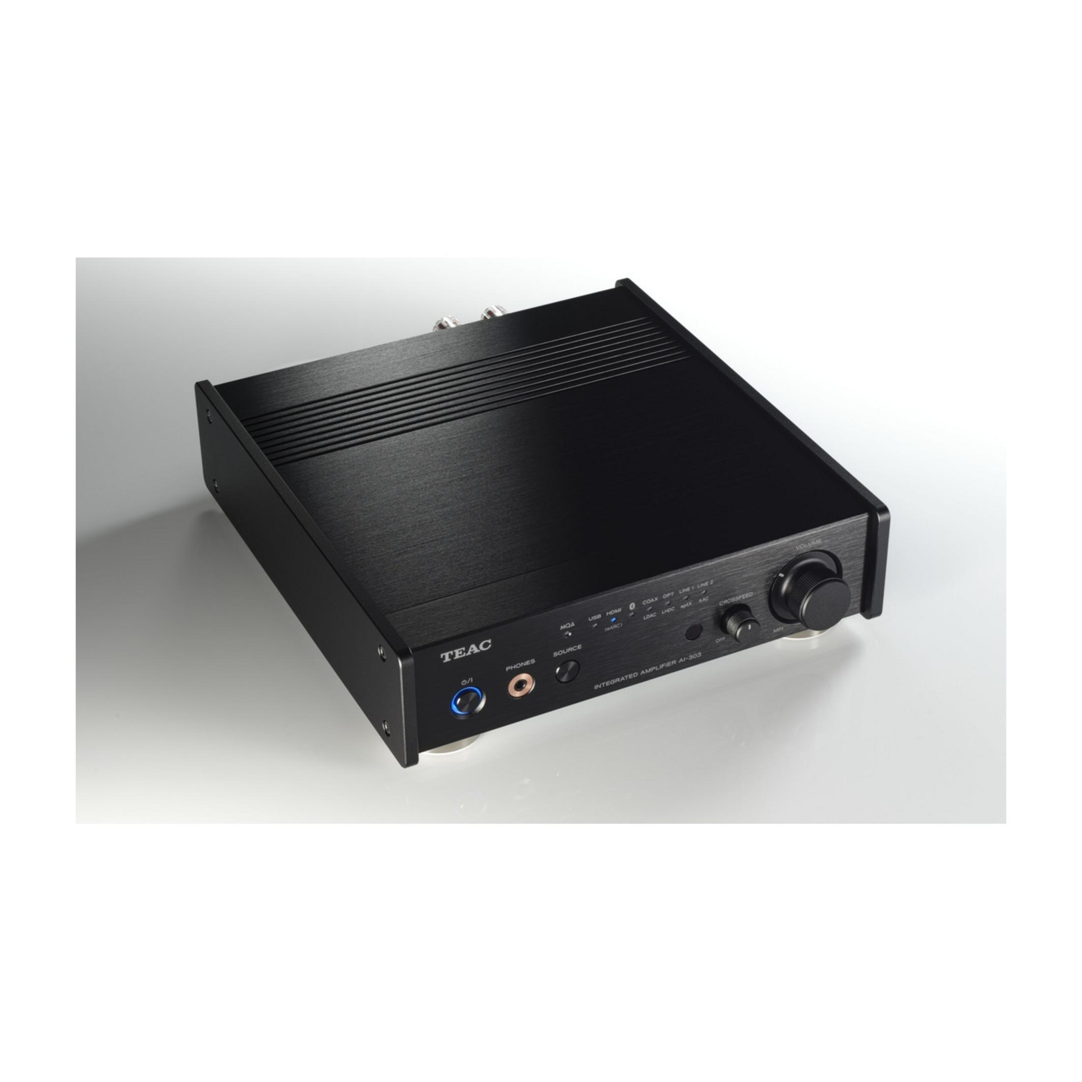 Schwarzer TEAC Vollverstärker AI-303 mit Drehreglern und Anschlüssen.