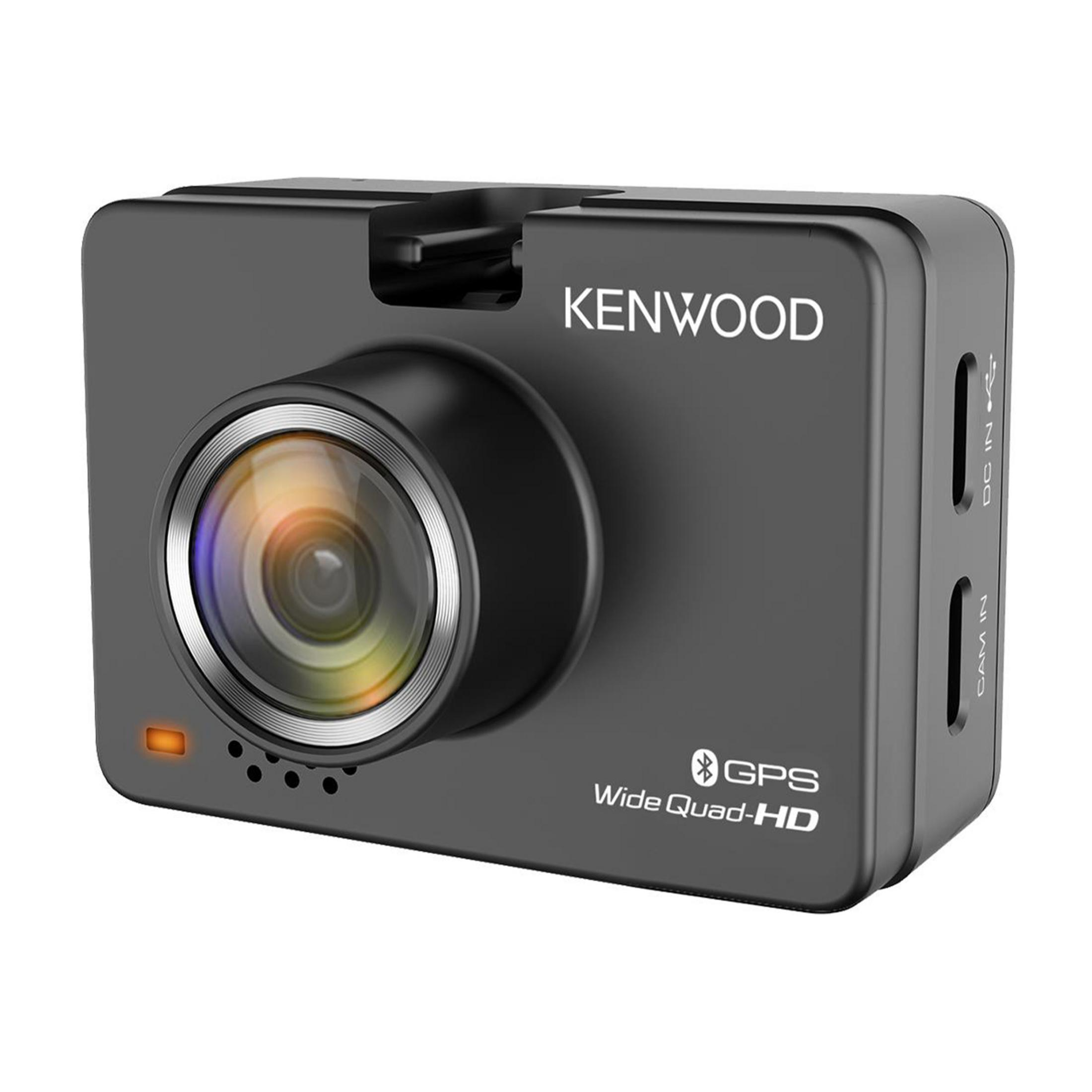 Grauer Kenwood Dashcam mit Objektiv, Anschlüssen und GPS-Aufschrift.