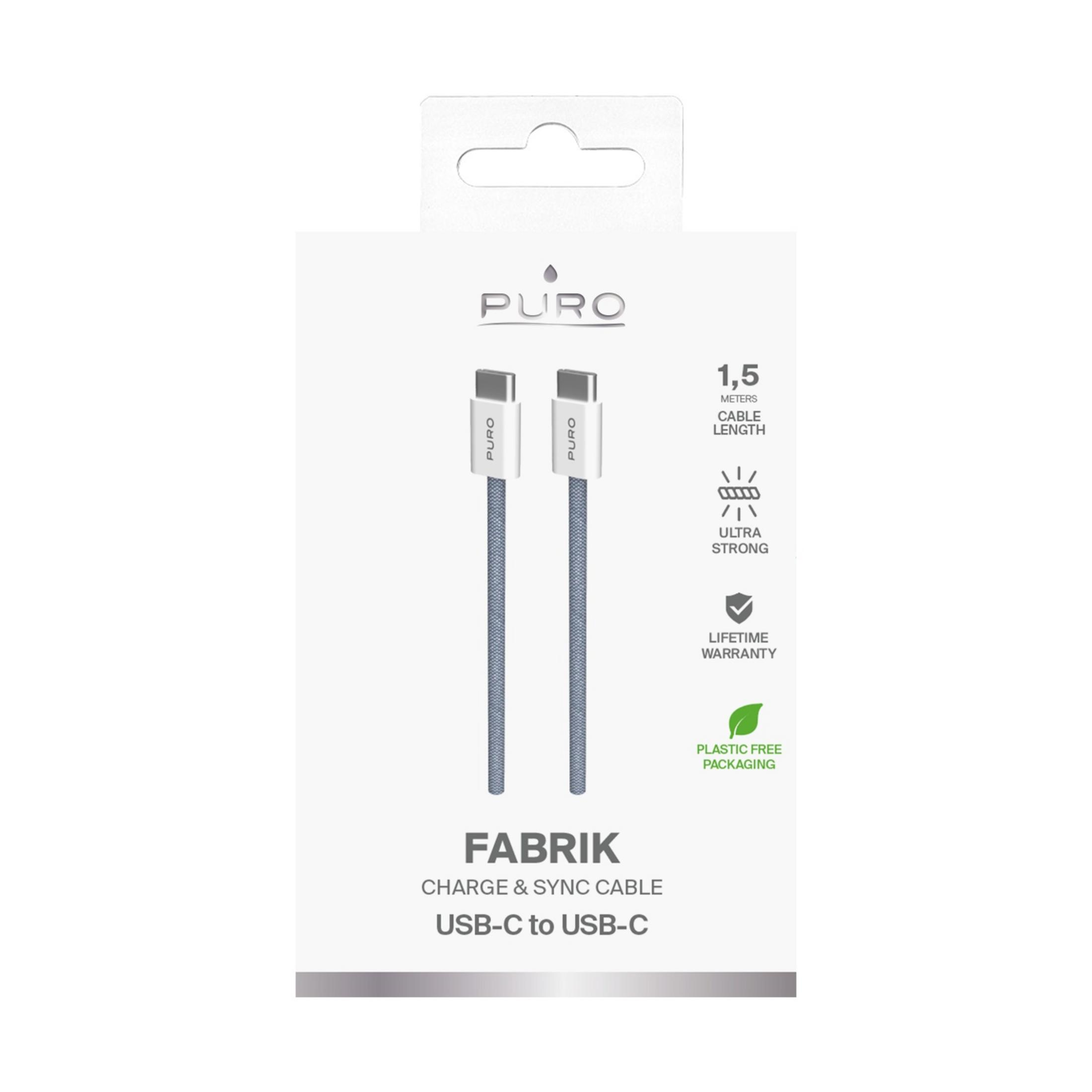Kabel PURO USB-C, 1,5m, szary, ze srebrnymi złączami, ultra mocny, dożywotnia gwarancja.