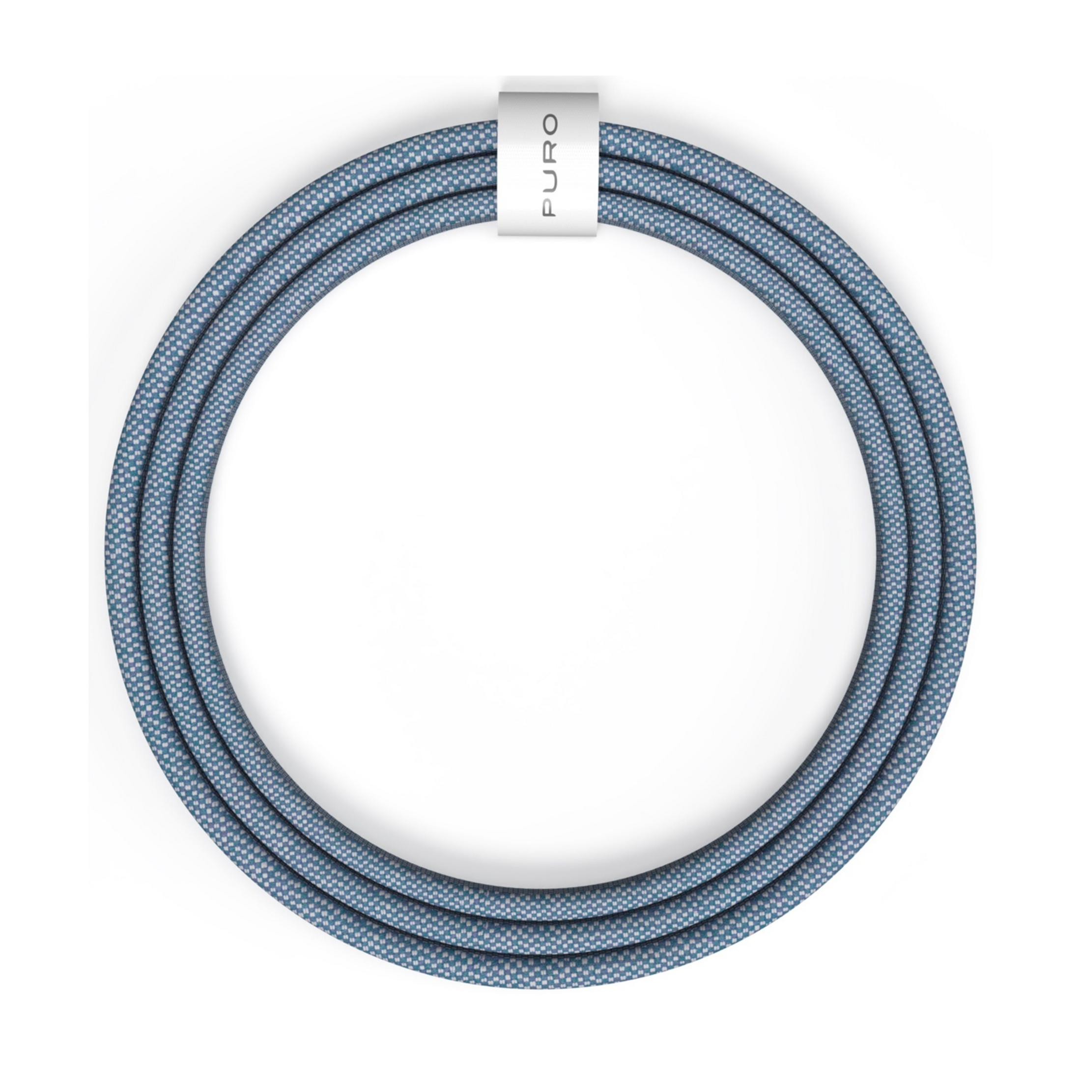 Niebieski wzorzysty kabel zwinięty w okrąg z logo PURO.
