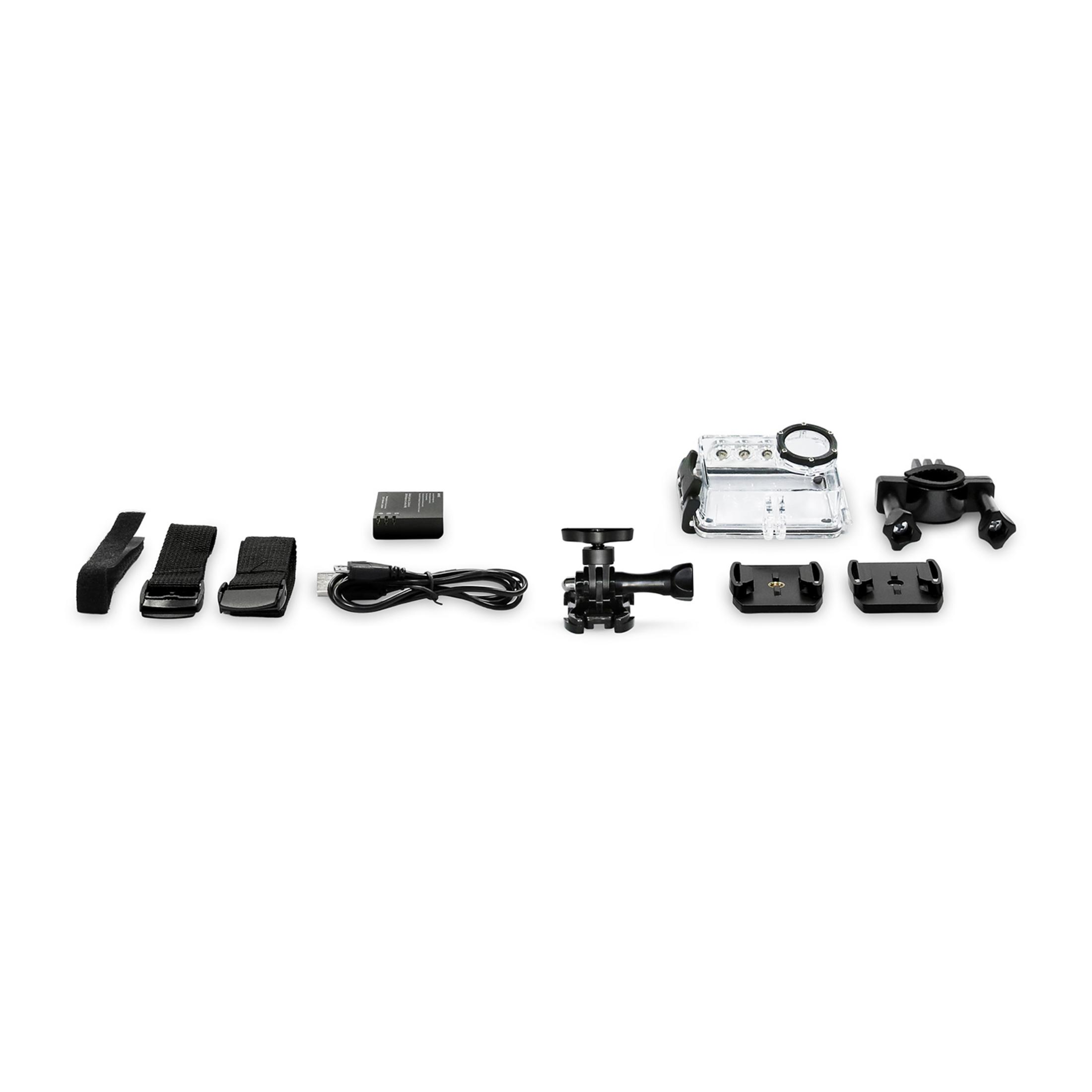 Accessori neri per action camera: cinghie, cavo, supporti e custodia.