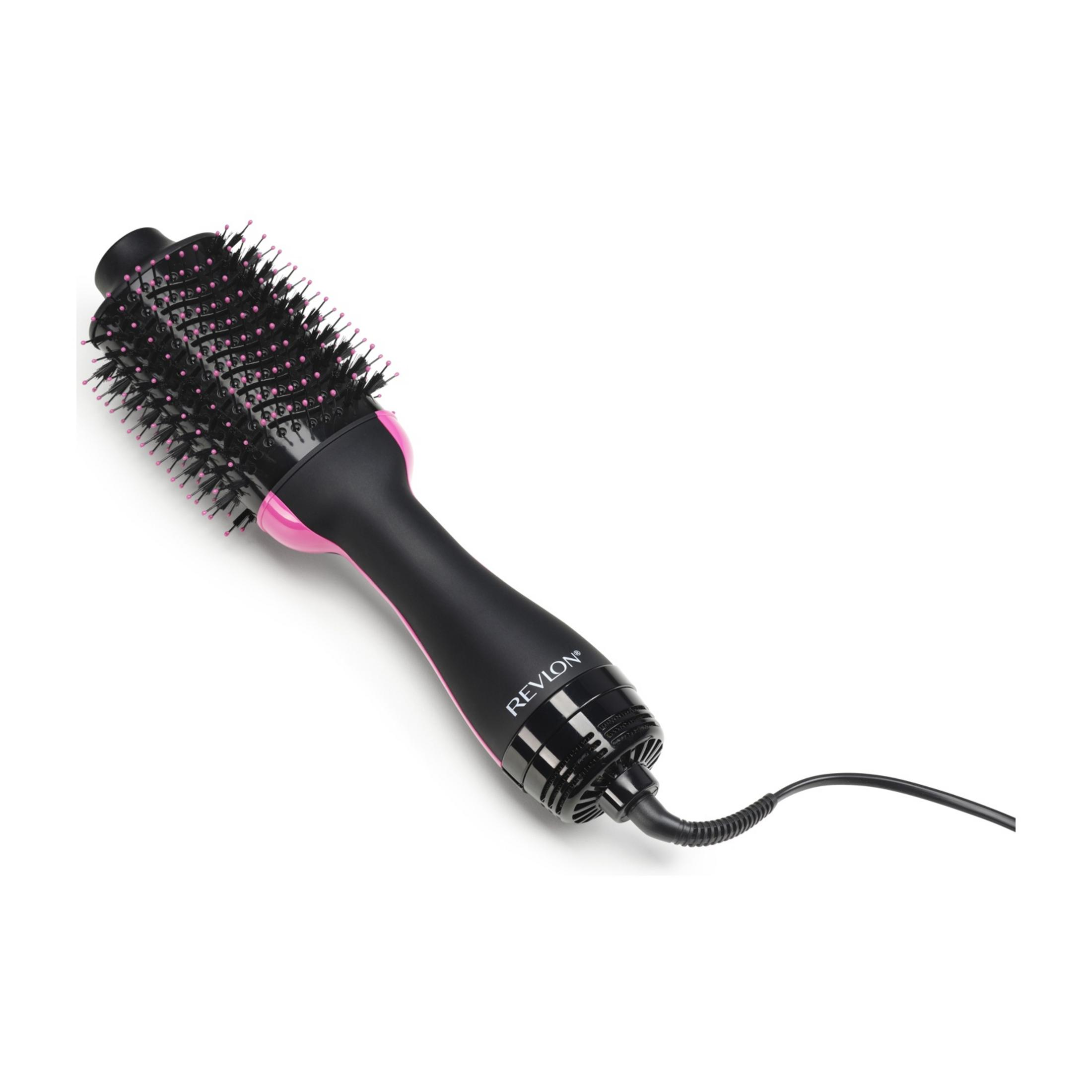 Zwarte Revlon haardroger met roze accenten en borstels.
