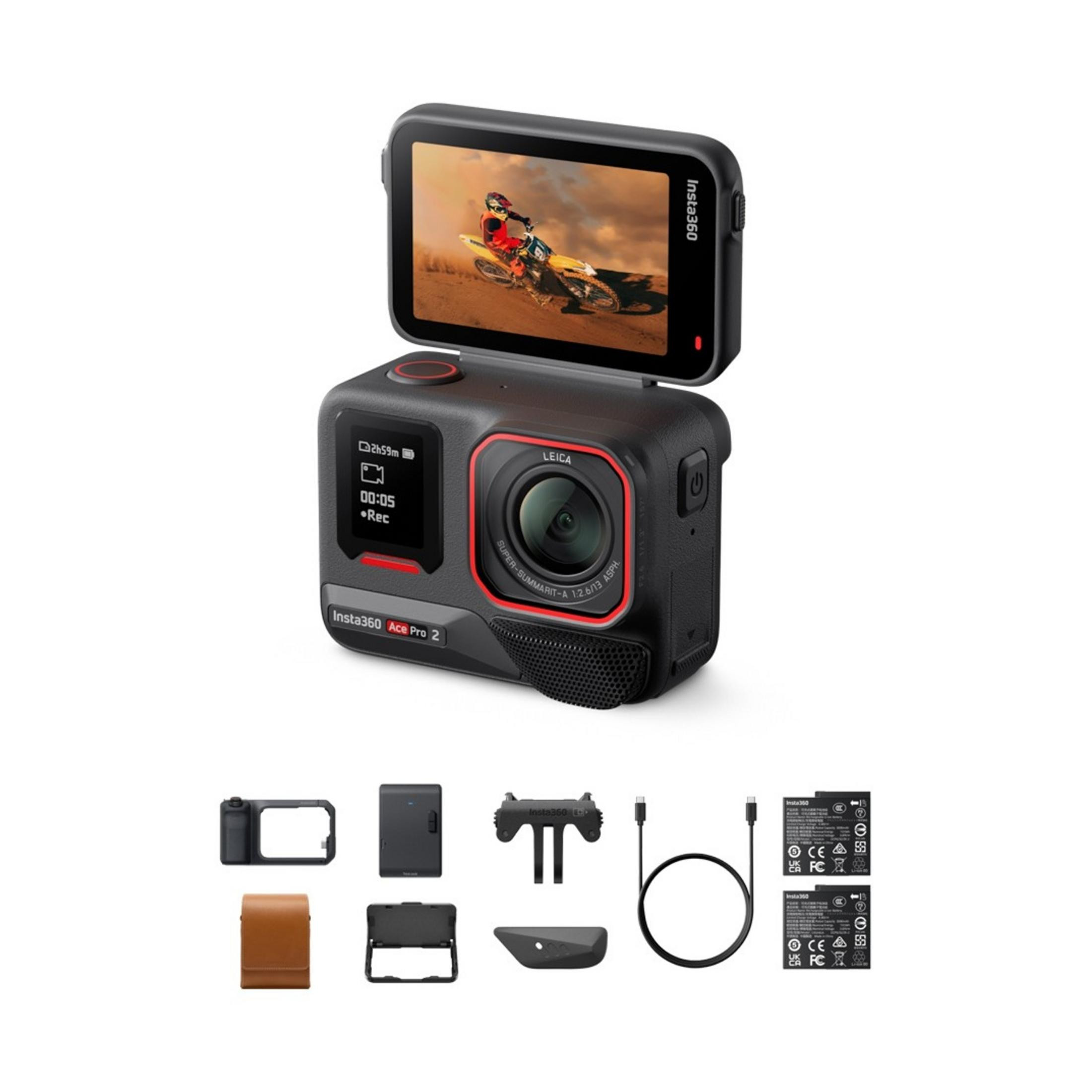Insta360 Ace Pro 2 kamera aksesuarlarla: piller, montaj, kablo, kılıf.