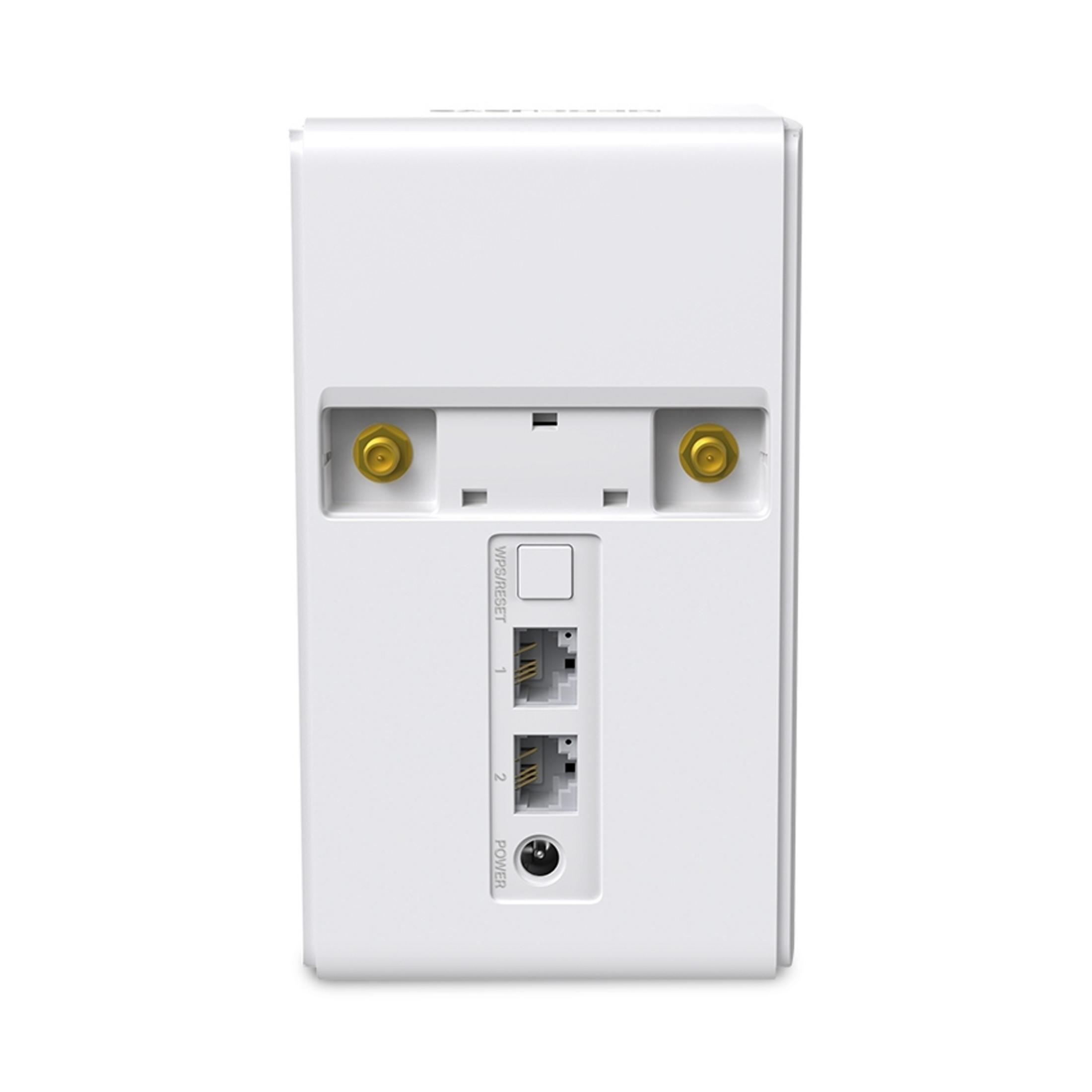 Rückseite eines weißen Routers mit Anschlüssen und Antennenbuchsen.