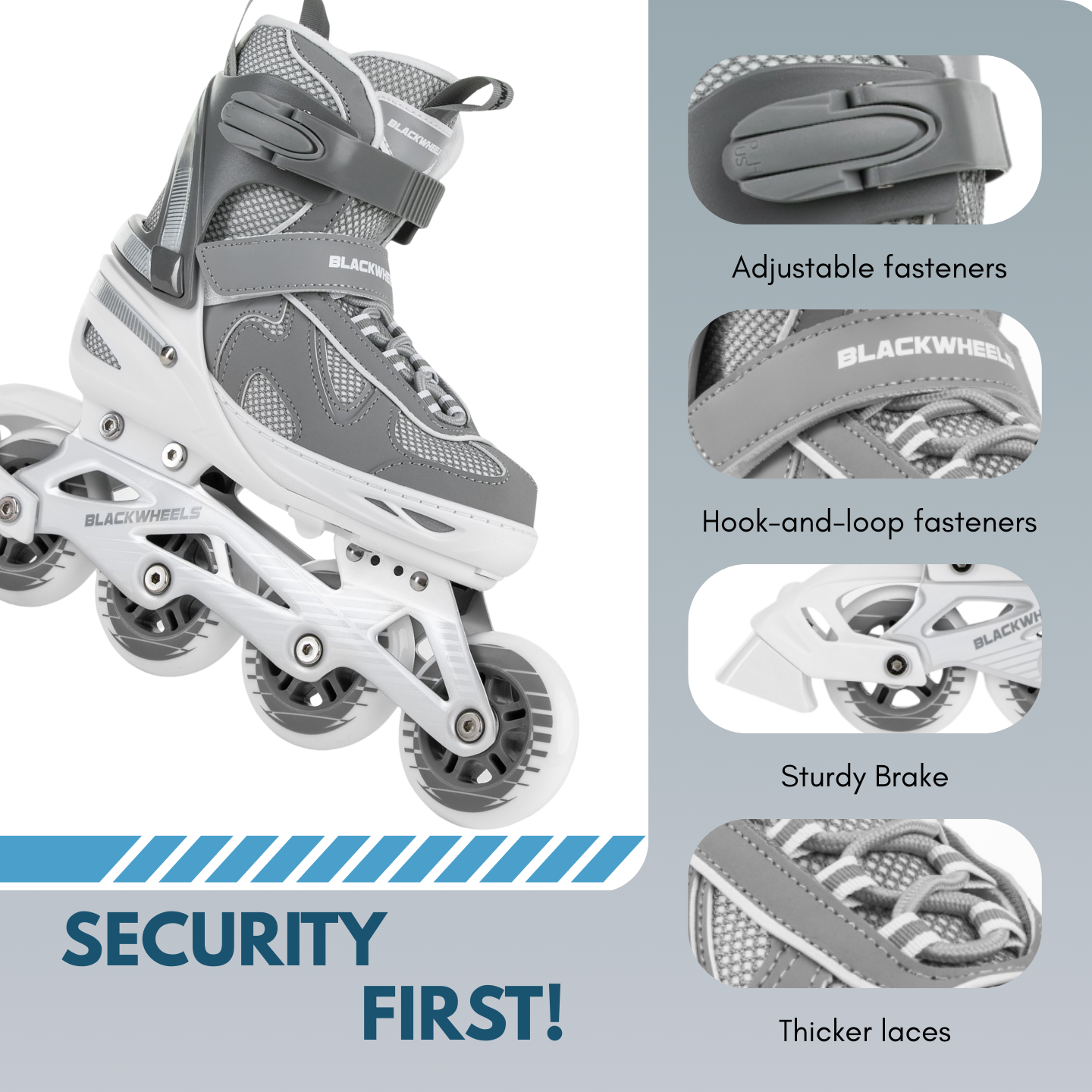 Graue und weiße Rollschuhe mit vier Rädern, verstellbaren Schnallen und Schnürsenkeln.