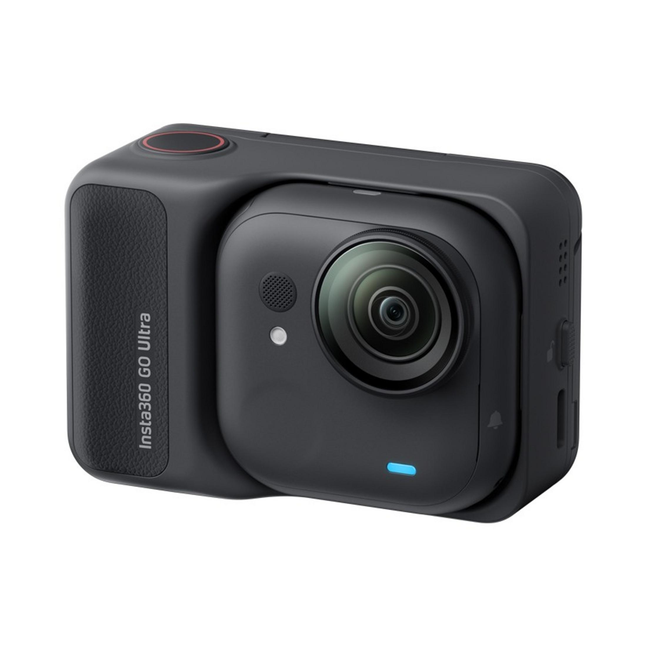 Eine schwarze Insta360 GO Ultra Action-Kamera mit Linse und rotem Ring.
