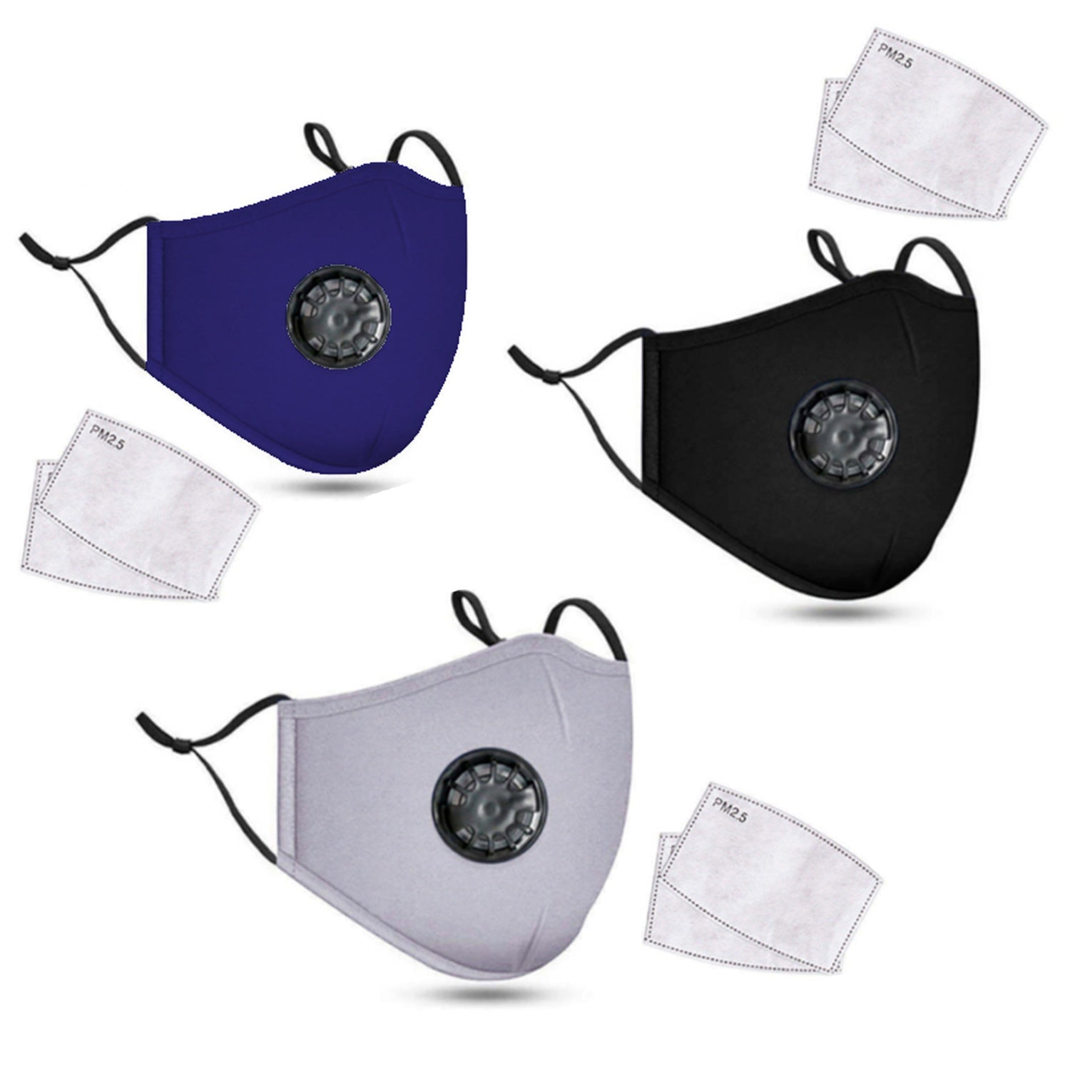 Tres mascarillas reutilizables en azul, negro y gris con filtros.